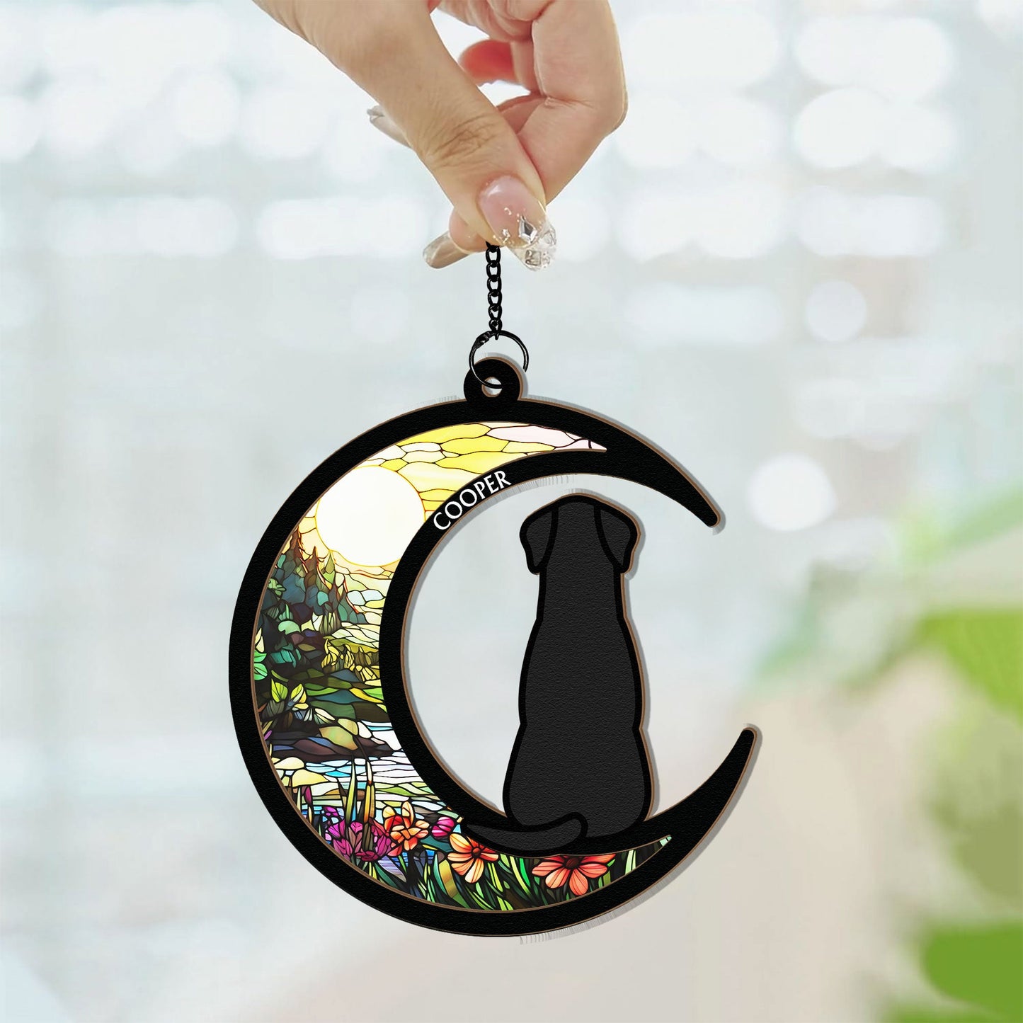 Dog & Cat On Moon - Personalized Window Hanging Suncatcher Ornament