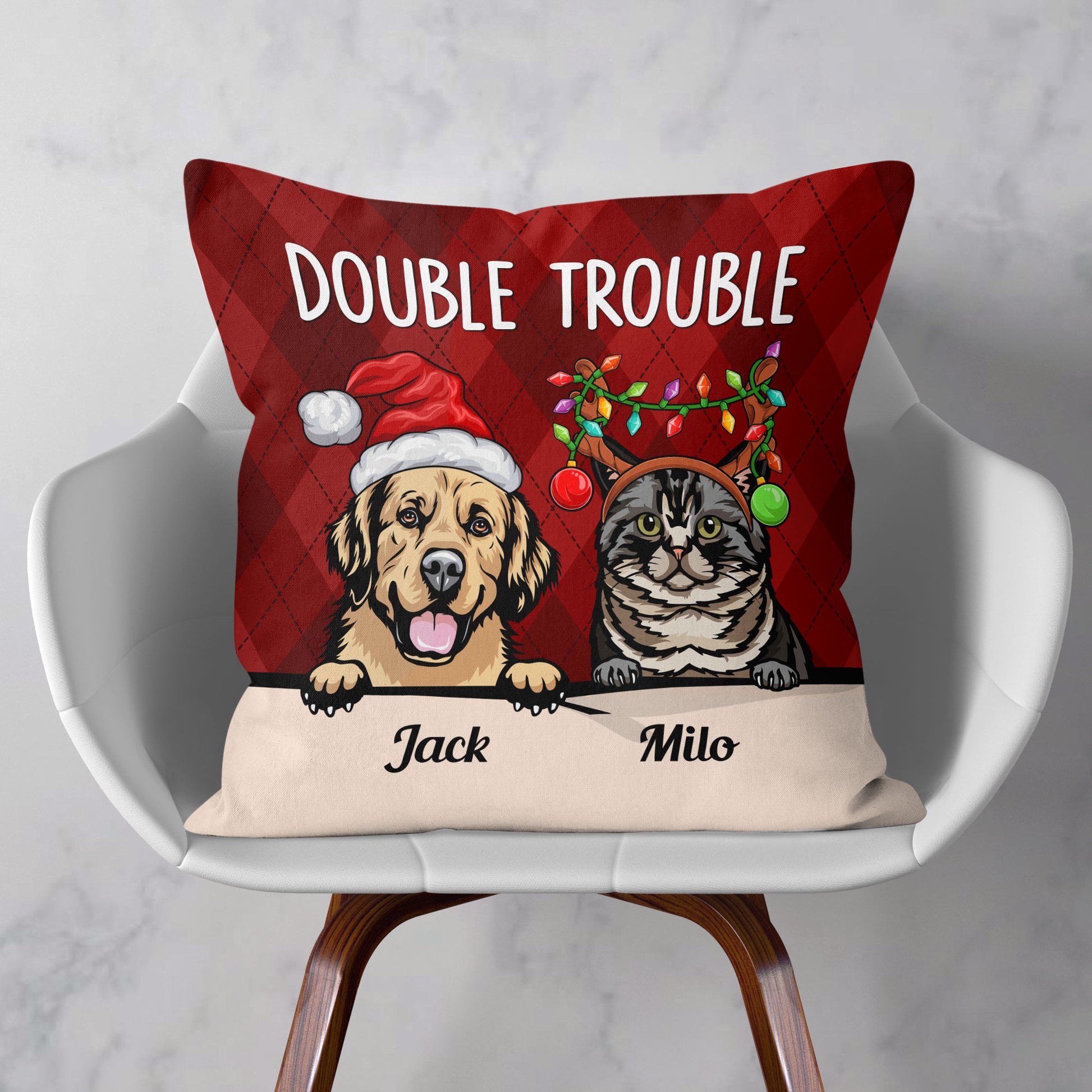 Double Trouble - Personalized Pillow - Christmas Gift For Cat & Dog Lover, Pet Owner, Pet Parents