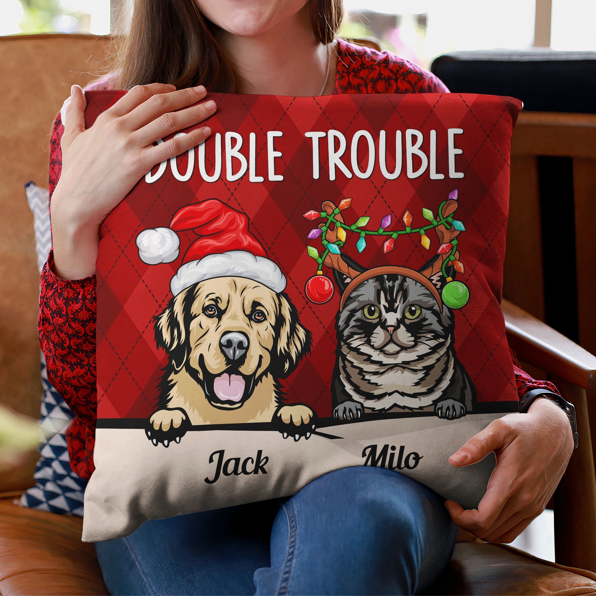 Double Trouble - Personalized Pillow - Christmas Gift For Cat & Dog Lover, Pet Owner, Pet Parents