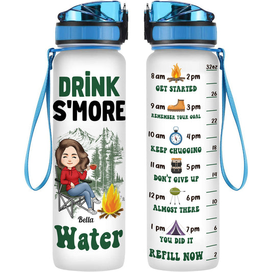Drink S'More Water Camping Girl  - Personalized Water Tracker Bottle - Birthday, Motivation Gift For Her, Girl, Woman, Camping Lover