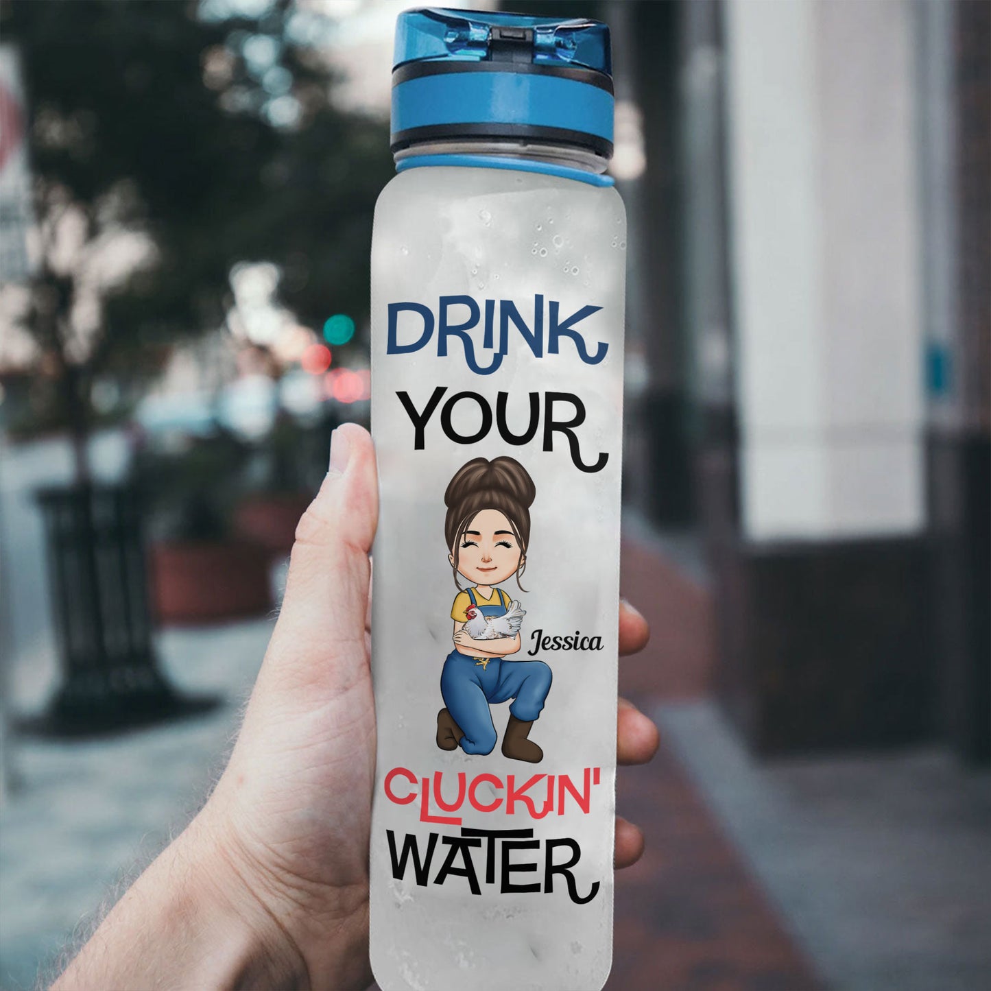 Drink Your Cluckin' Water - Personalized Water Bottle With Time Marker - Birthday, Motivation Gift For Her, Girl, Woman, Farmer