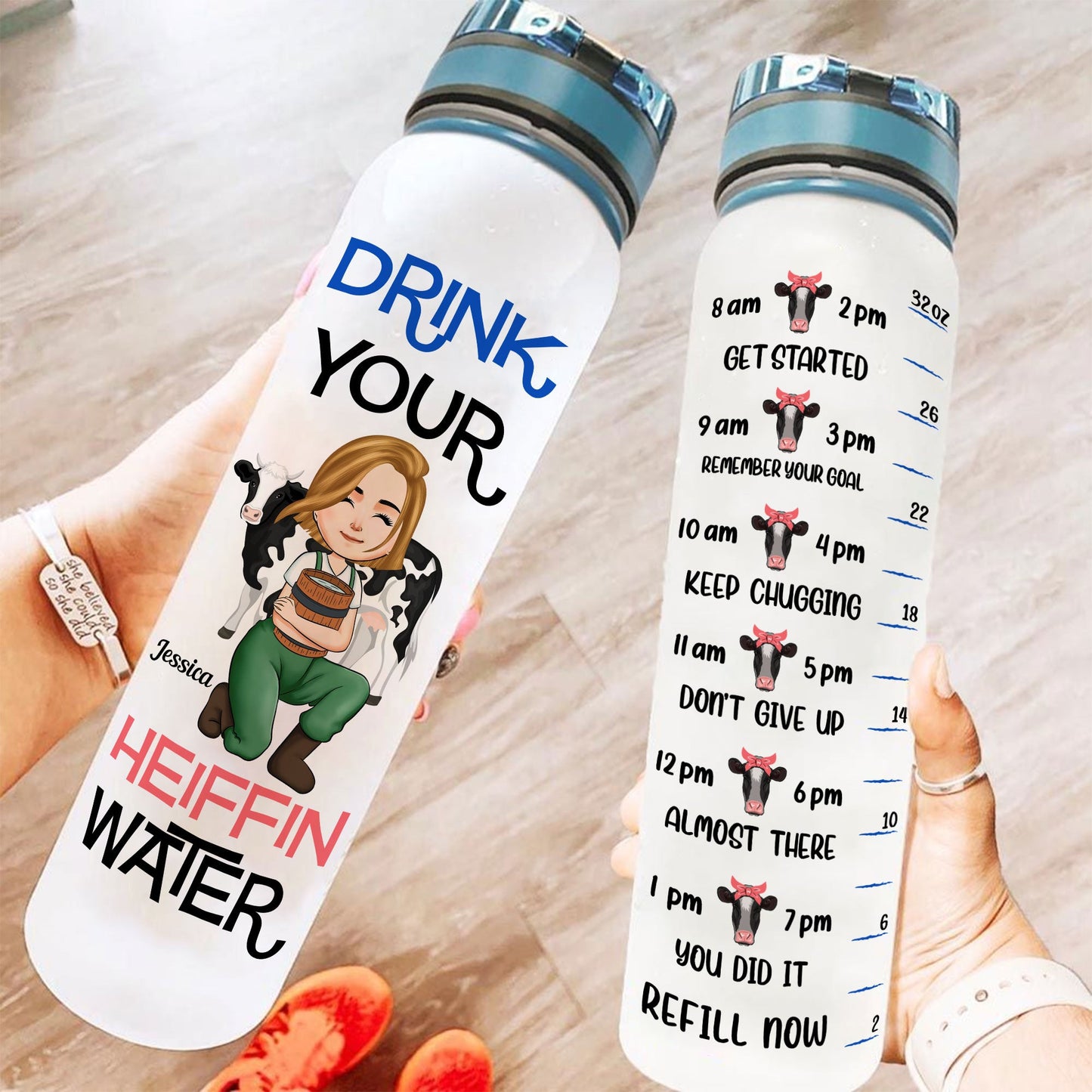 Drink Your Heiffin Water - Personalized Water Bottle With Time Marker - Birthday, Motivation Gift For Her, Girl, Woman, Farmer