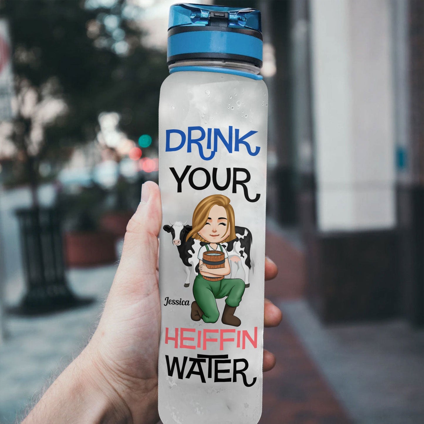 Drink Your Heiffin Water - Personalized Water Bottle With Time Marker - Birthday, Motivation Gift For Her, Girl, Woman, Farmer