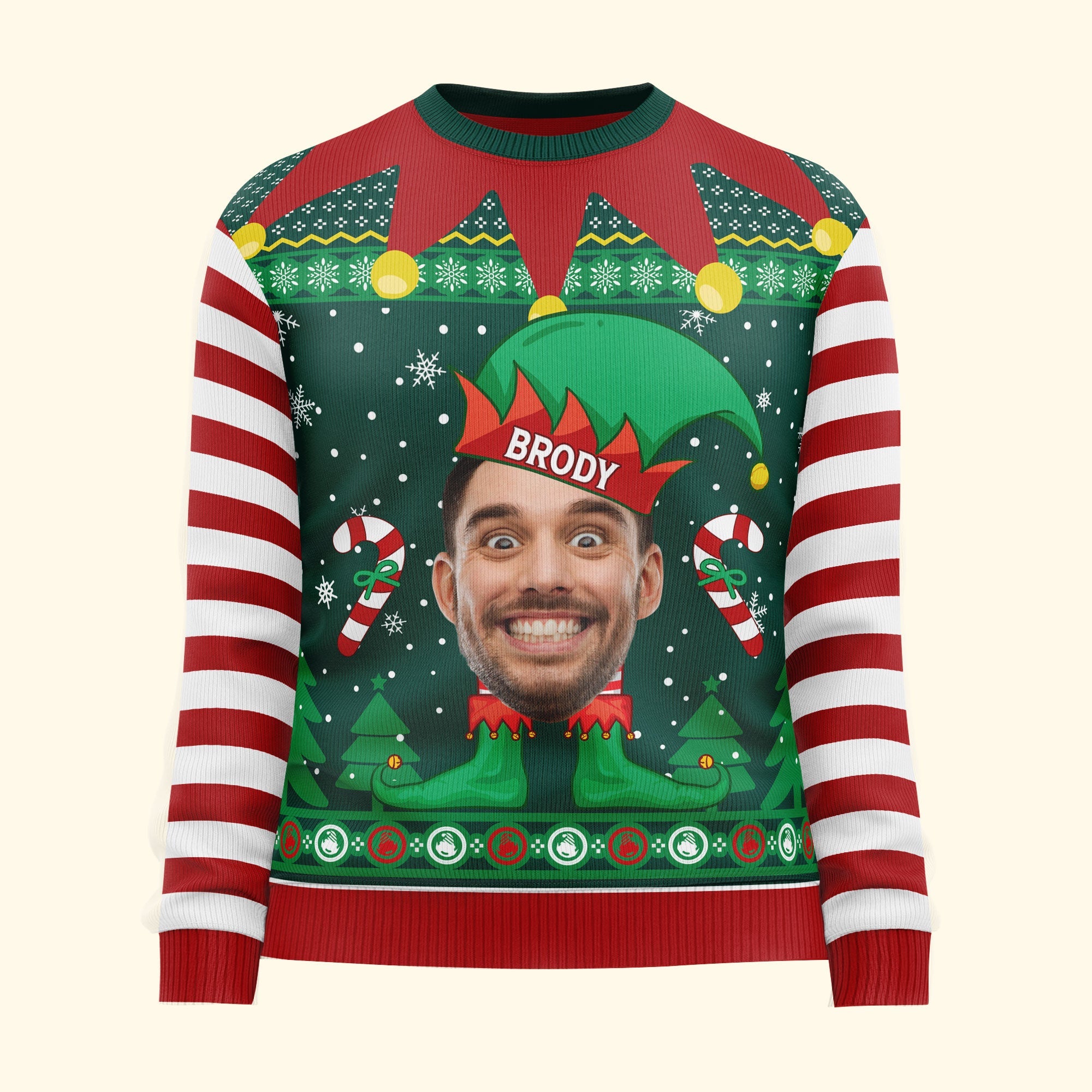 Elf Christmas Funny Face Family Name - Personalized Photo Ugly Sweater