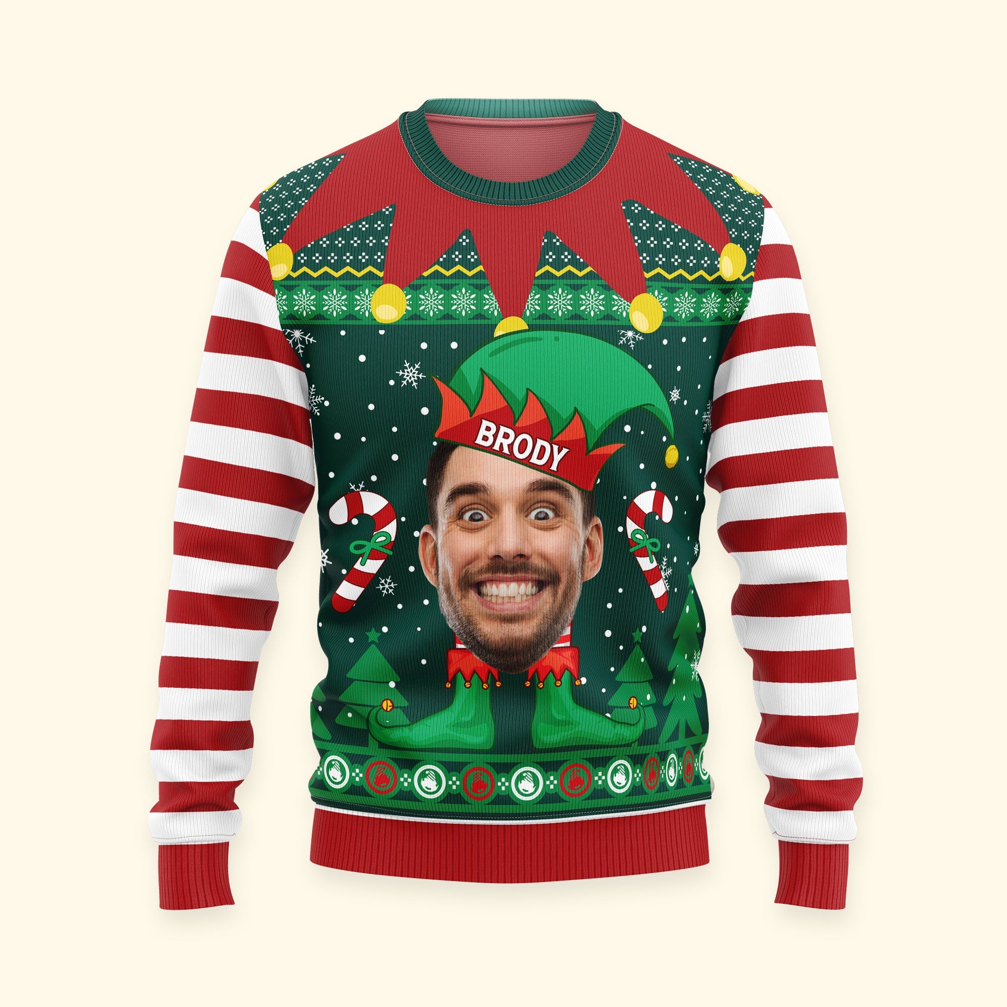 Elf Christmas Funny Face Family Name - Personalized Photo Ugly Sweater