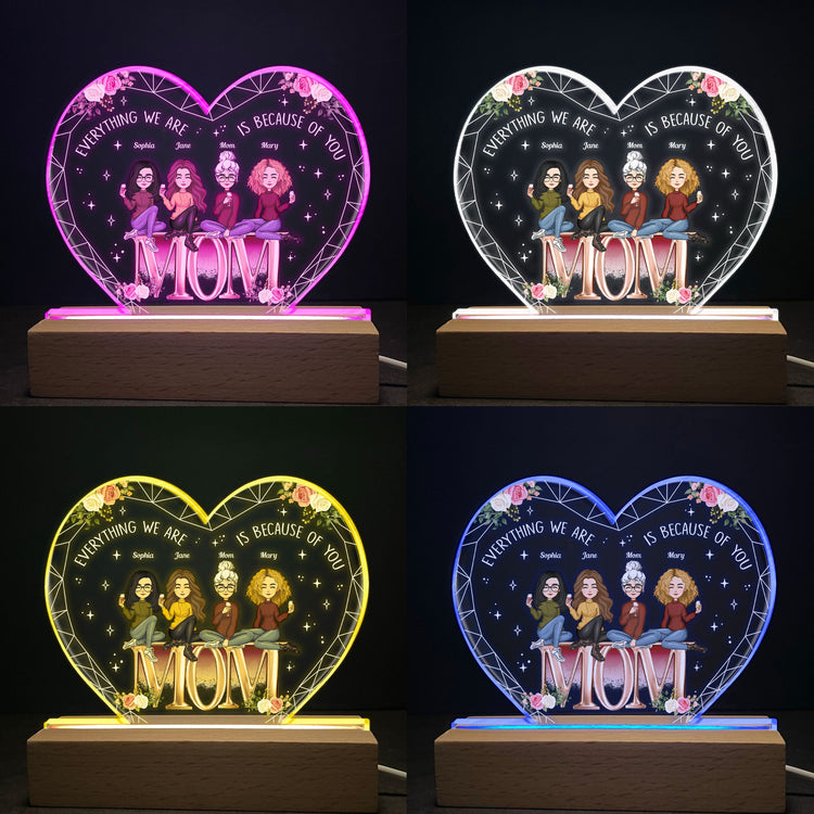 Everything We Are Is Because Of You Mom - Personalized 3D Led Light Wooden Base - Mother's Day Gift For Mom, Grandma