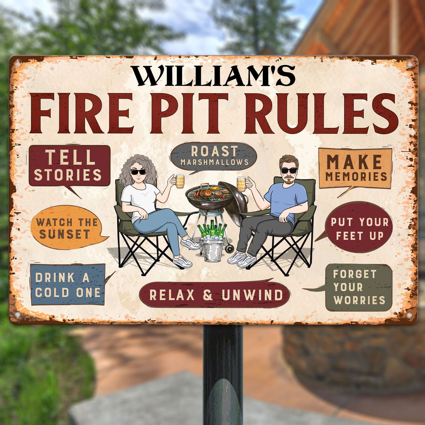 Family Fire Pit Rules - Personalized Metal Sign