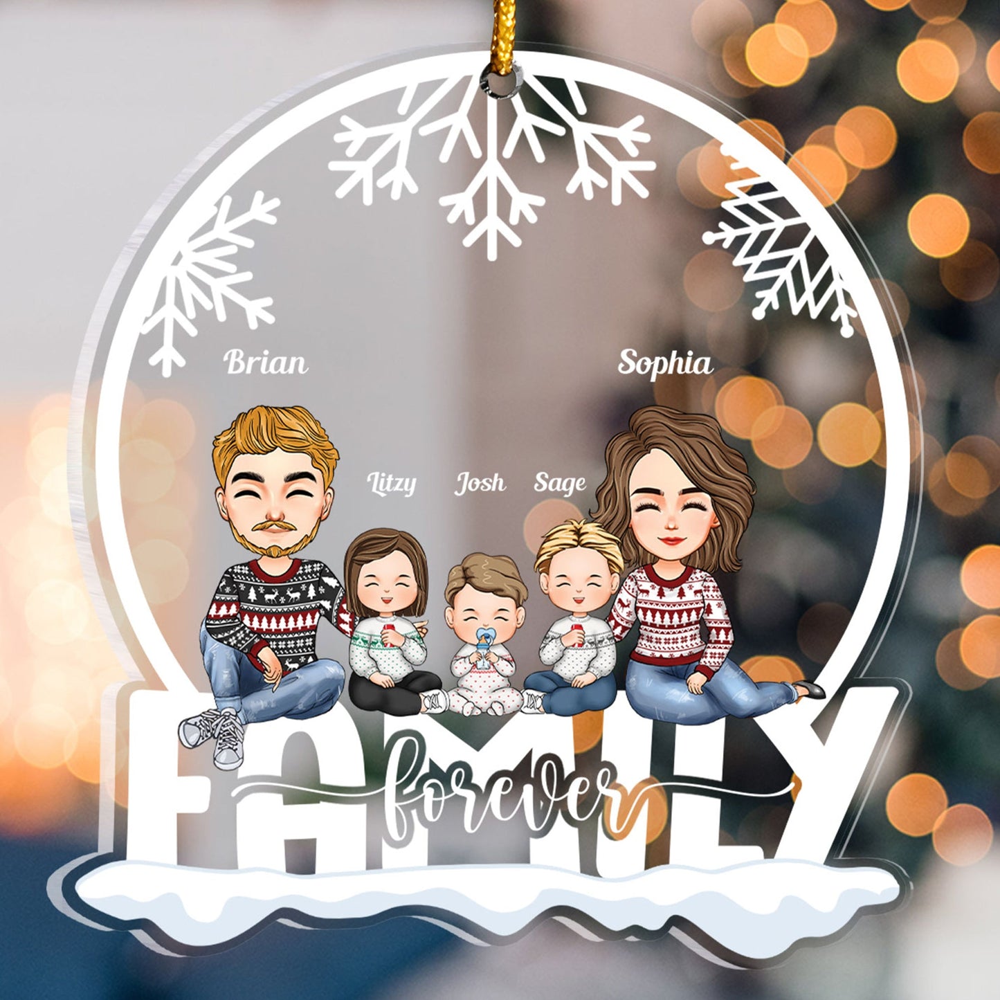 Family Forever - Cartoon Family - Personalized Snow Globe Shaped Acrylic Ornament