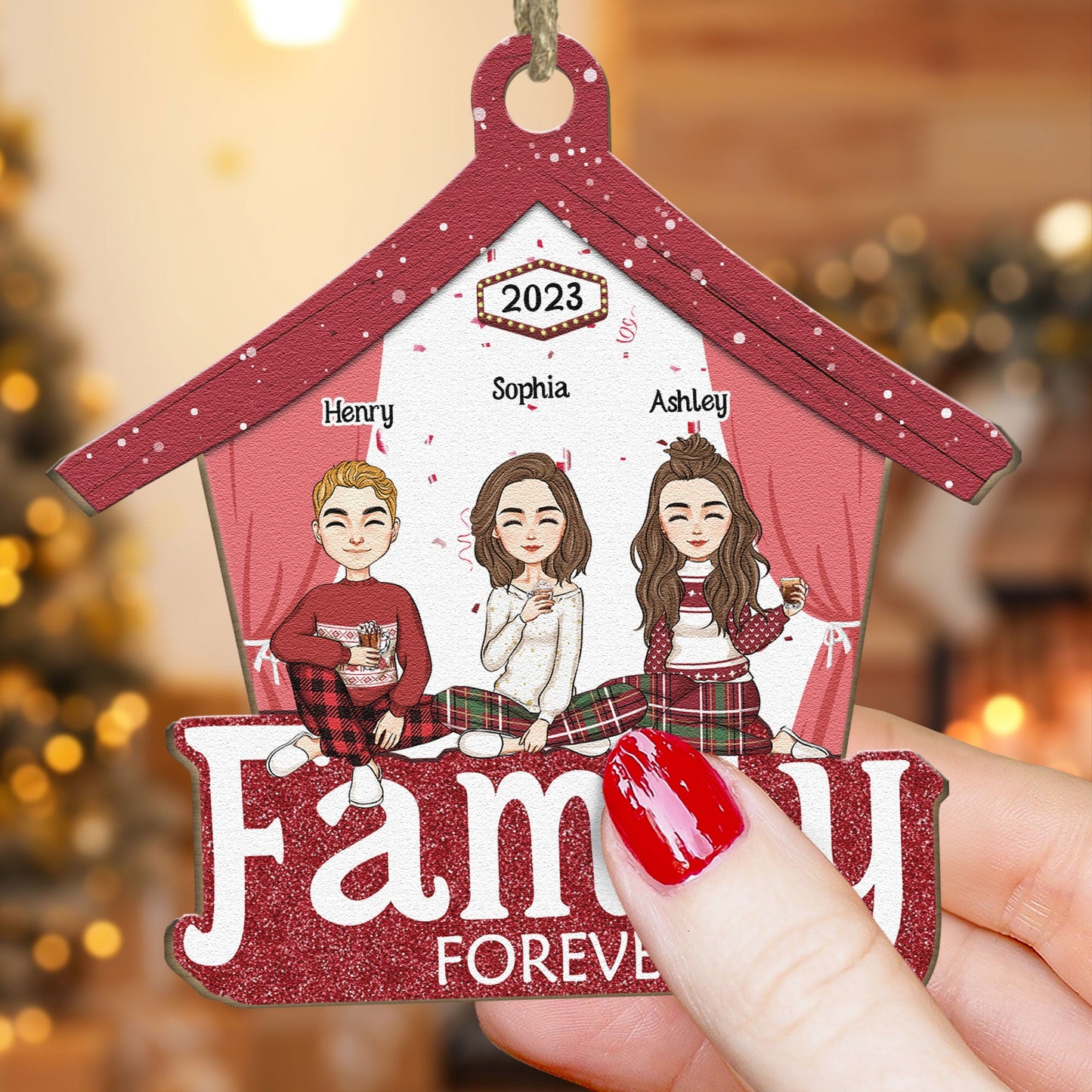 Family Forever - Red Version - Personalized Wooden Ornament