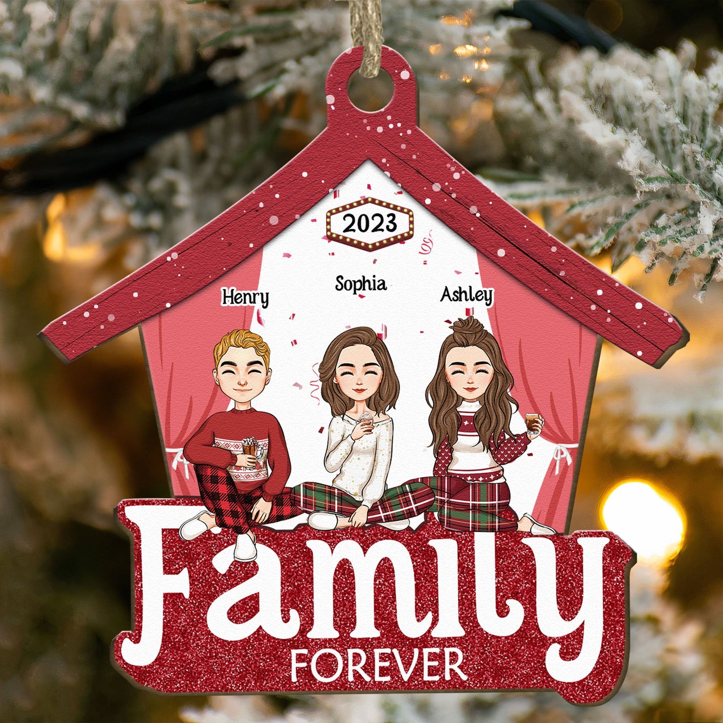 Family Forever - Red Version - Personalized Wooden Ornament