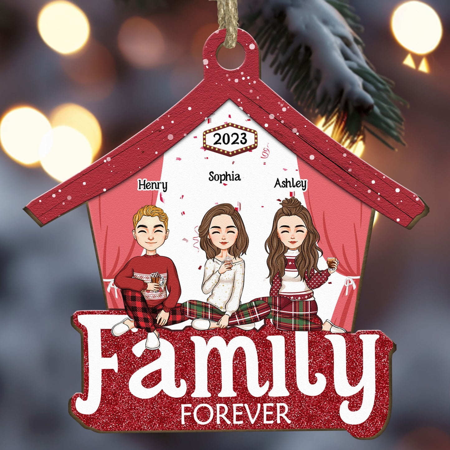 Family Forever - Red Version - Personalized Wooden Ornament