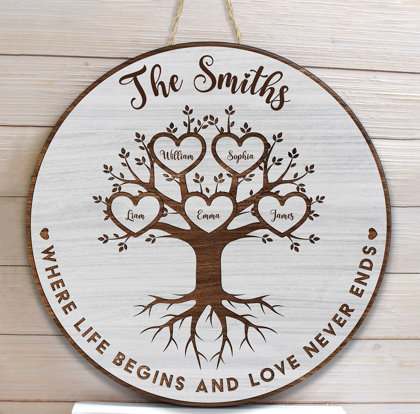 Family Love Never Ends - Personalized Round Wood Sign