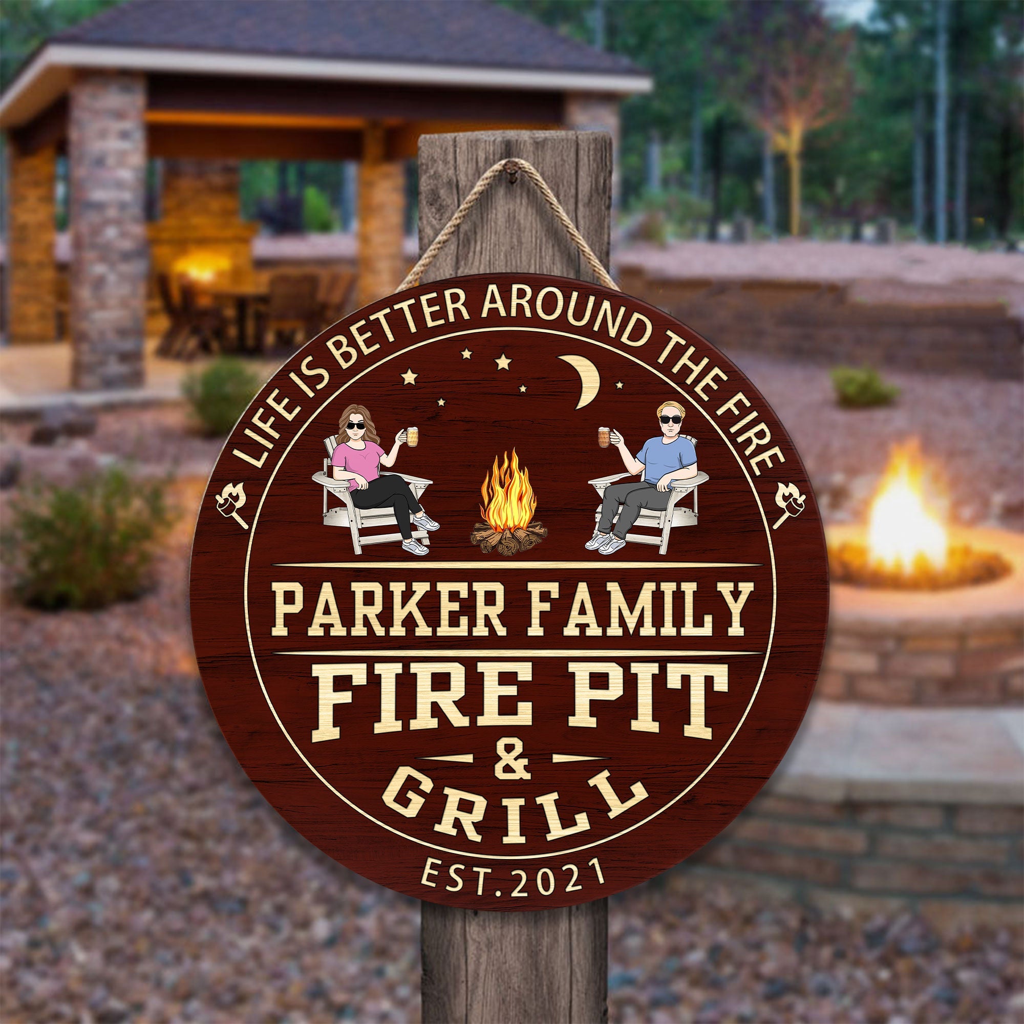 Fire Pit And Grill  - Personalized Wood Sign - Birthday, Summertime Decor, Housewarming Gift For Family, Friends