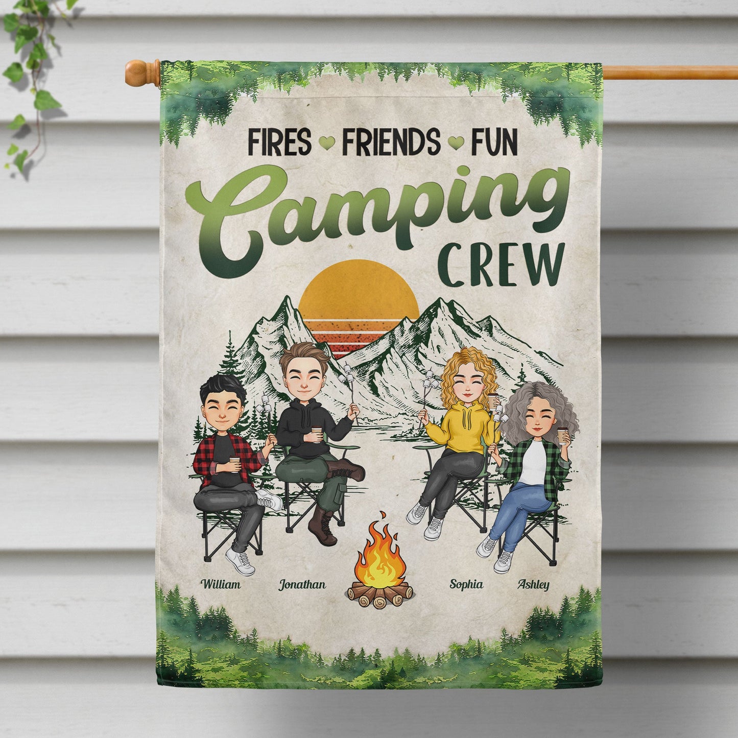 Fires Friends Fun Camping Crew - Personalized Flag