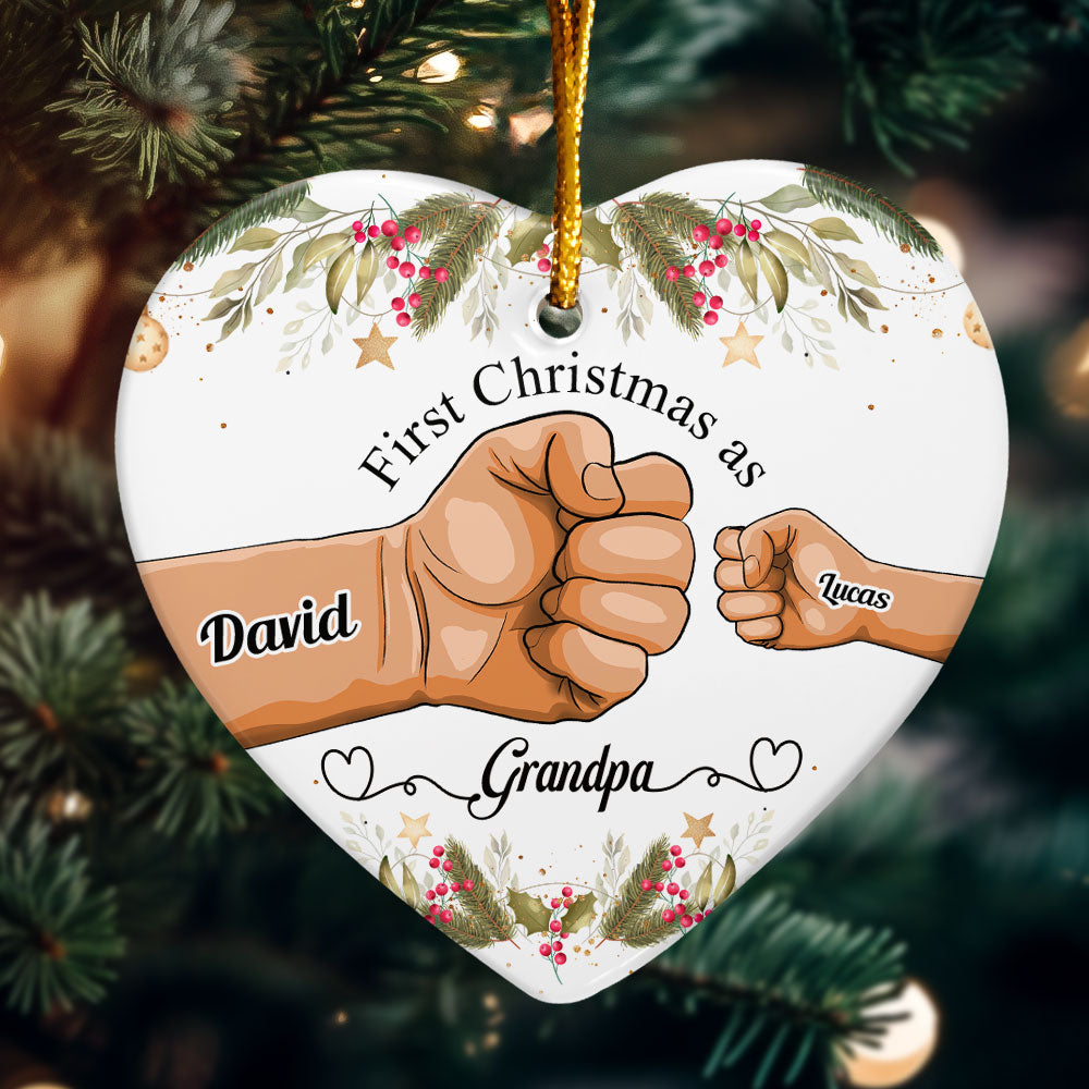 First Christmas As Grandpa - Personalized Heart Shaped Ceramic Ornament