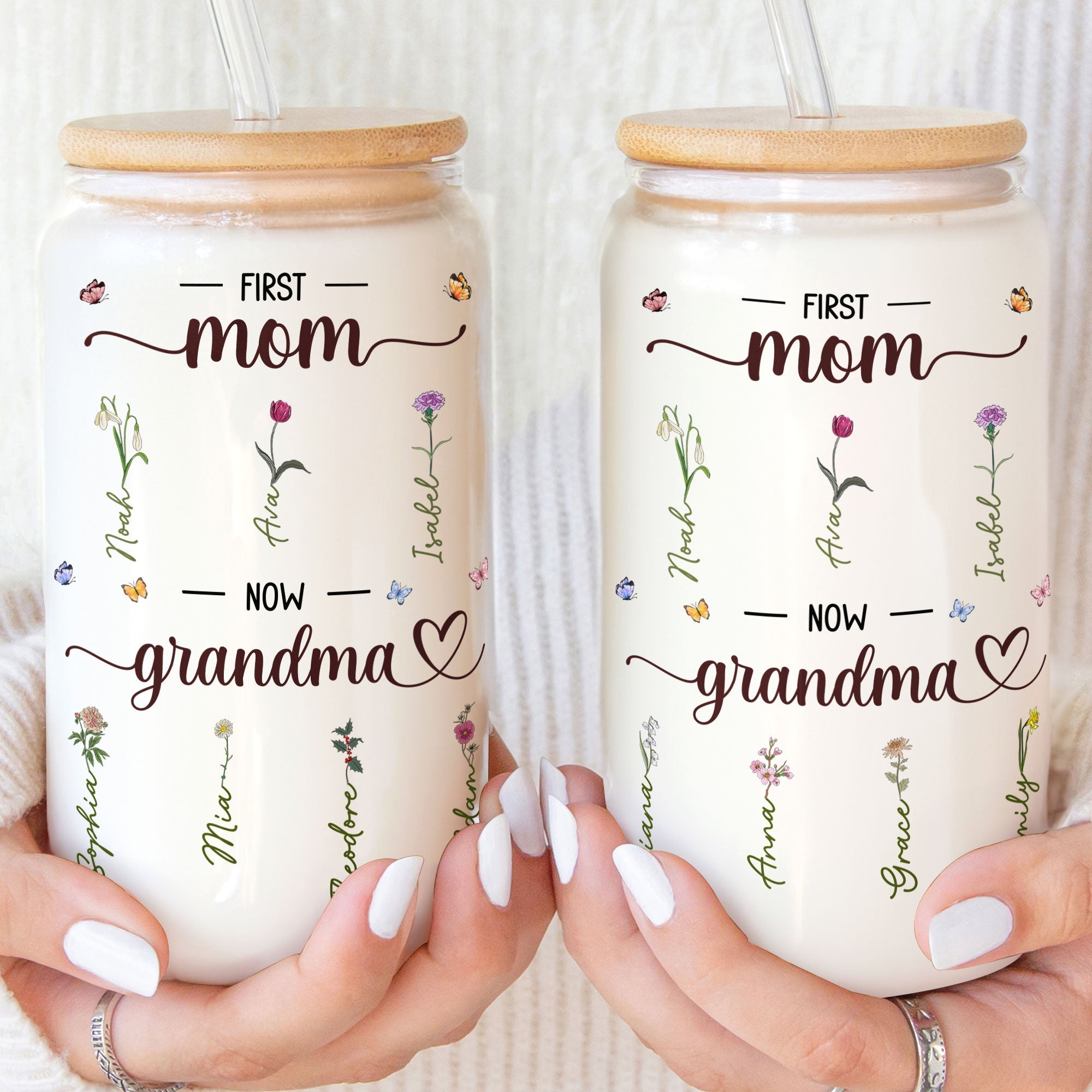 First Mom Now Grandma With Birth Flowers - Personalized Glass Cup