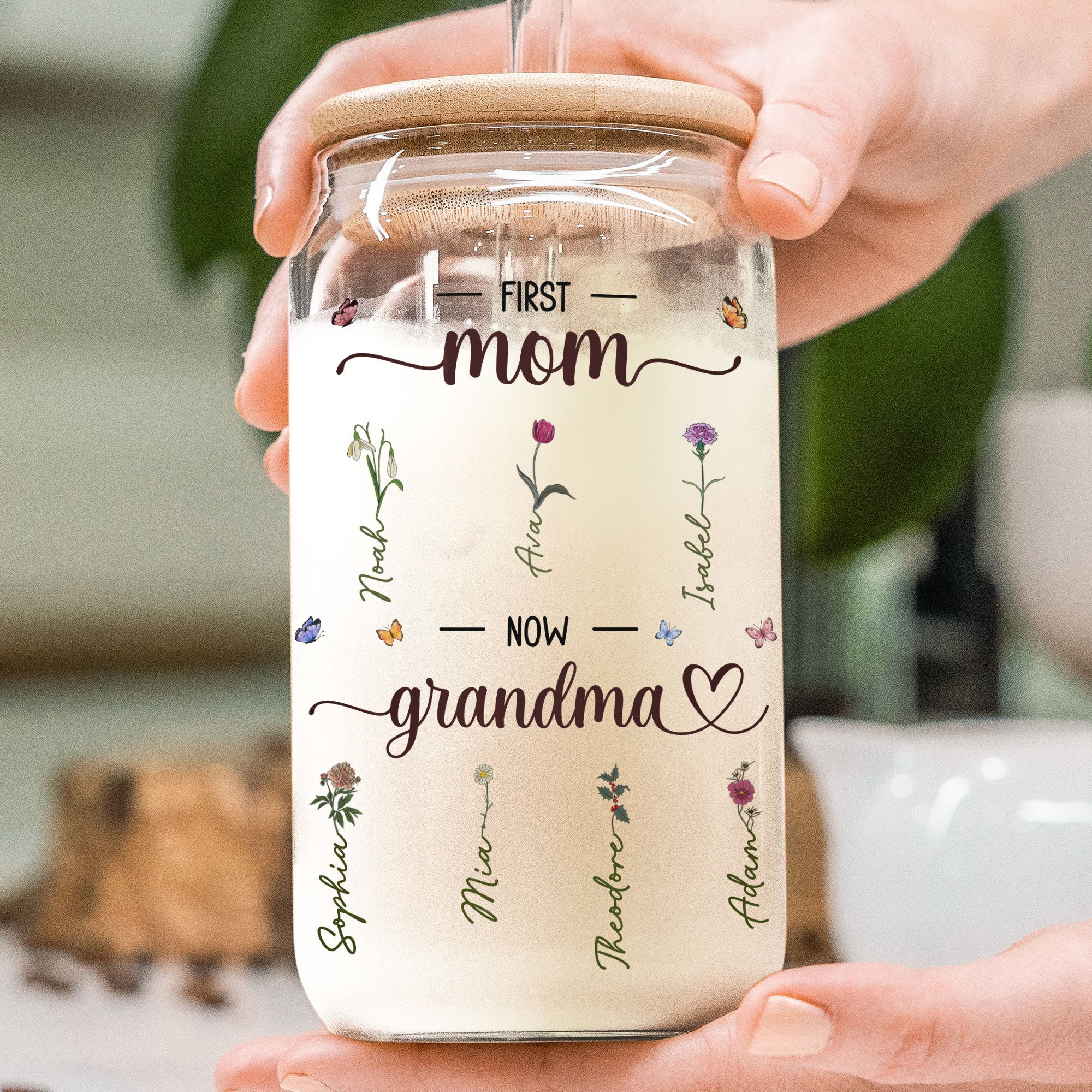 First Mom Now Grandma With Birth Flowers - Personalized Glass Cup