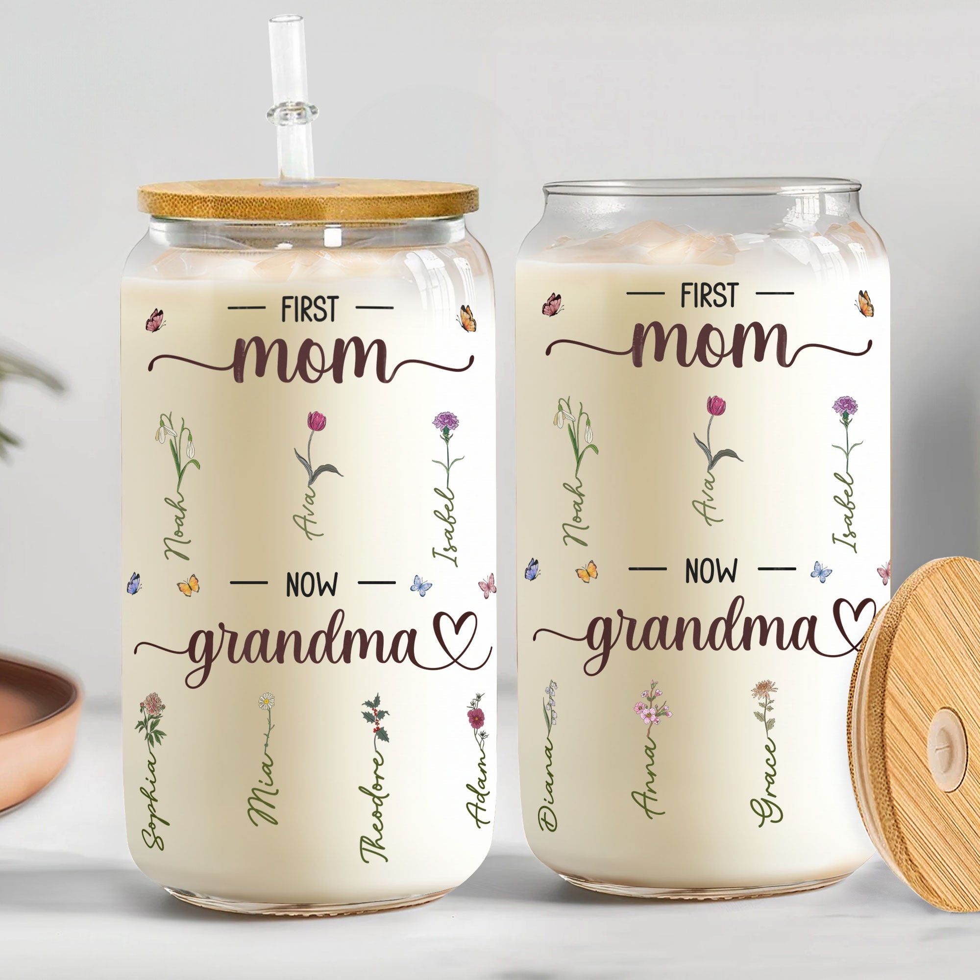 First Mom Now Grandma With Birth Flowers - Personalized Glass Cup