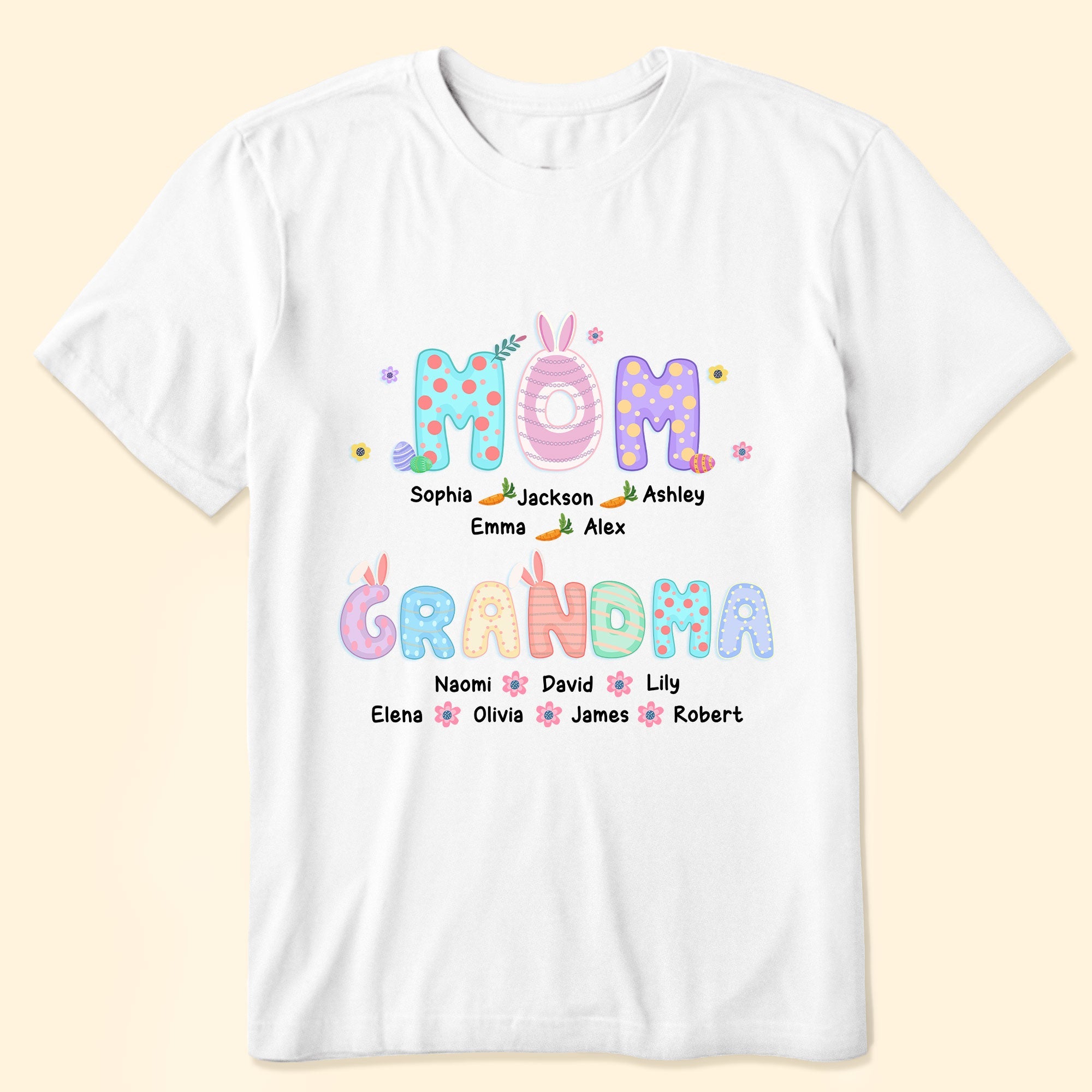 First Mom Now Grandma With Easter Bunny And Eggs - Personalized Shirt