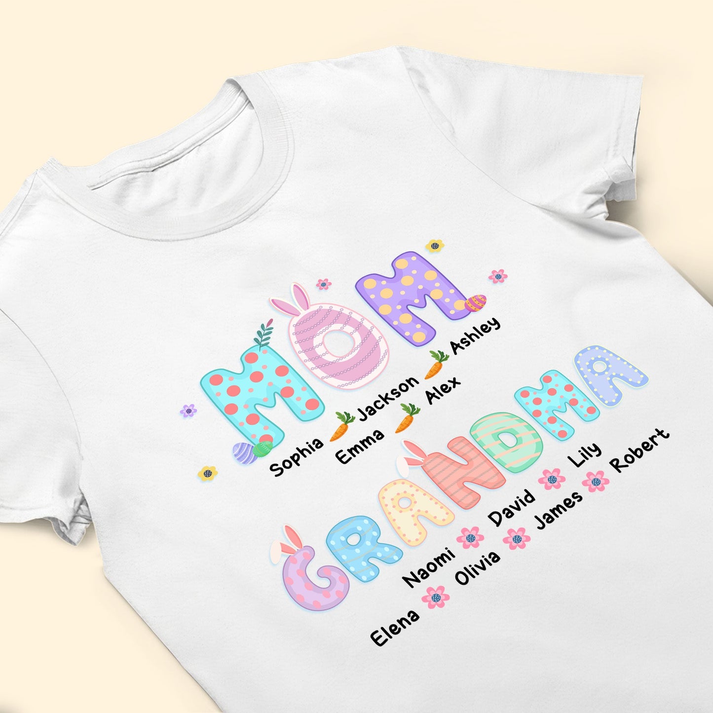 First Mom Now Grandma With Easter Bunny And Eggs - Personalized Shirt