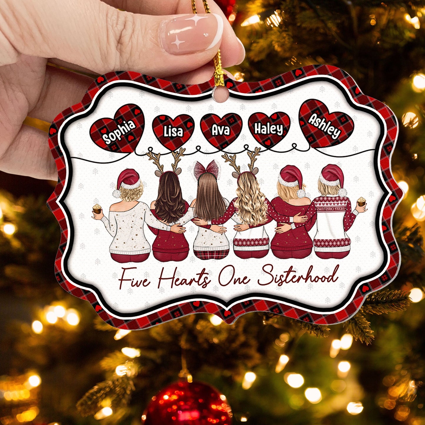 Five Hearts One Sisterhood - Personalized Aluminum Ornament