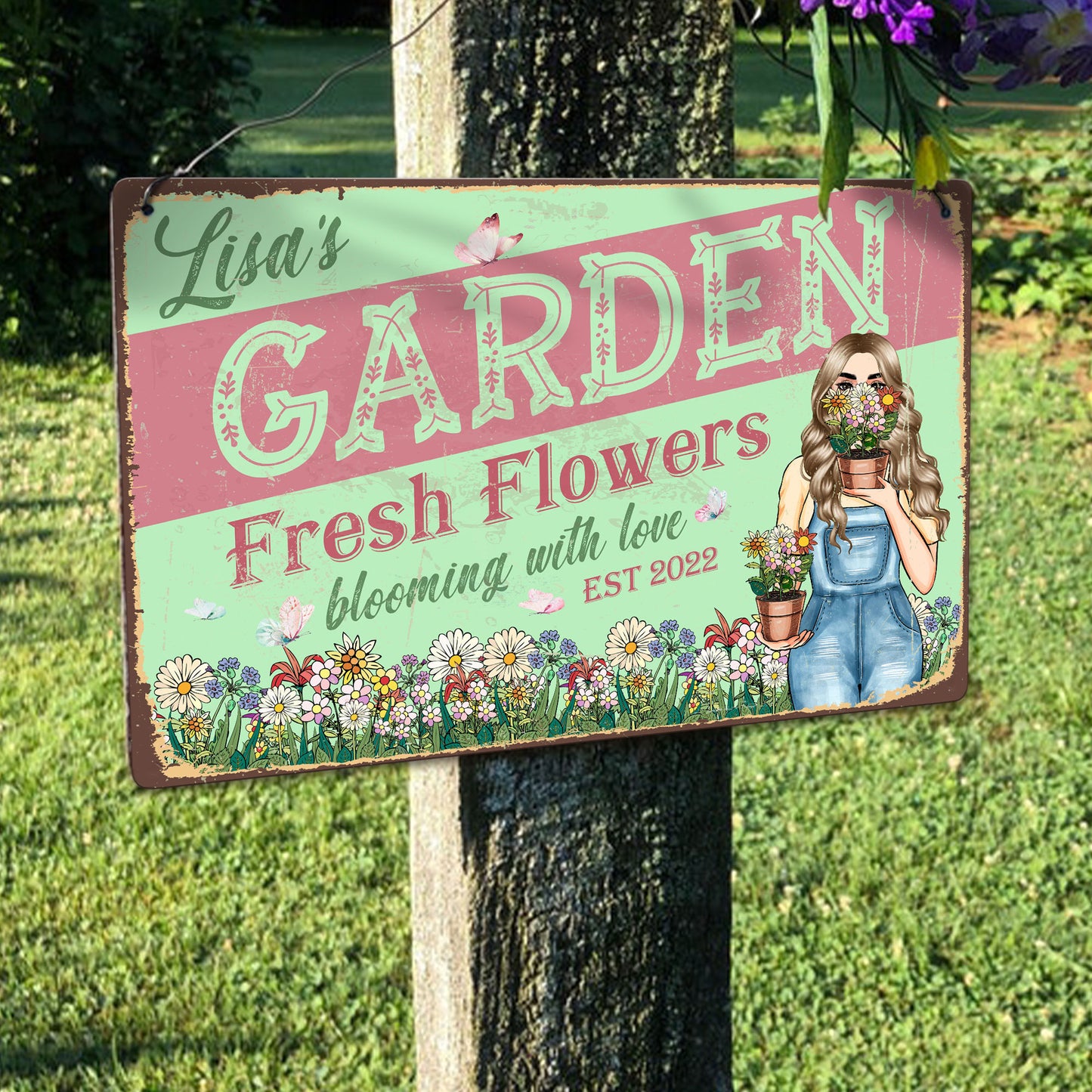 Fresh Flowers Blooming With Love - Personalized Metal Sign - Flower Garden