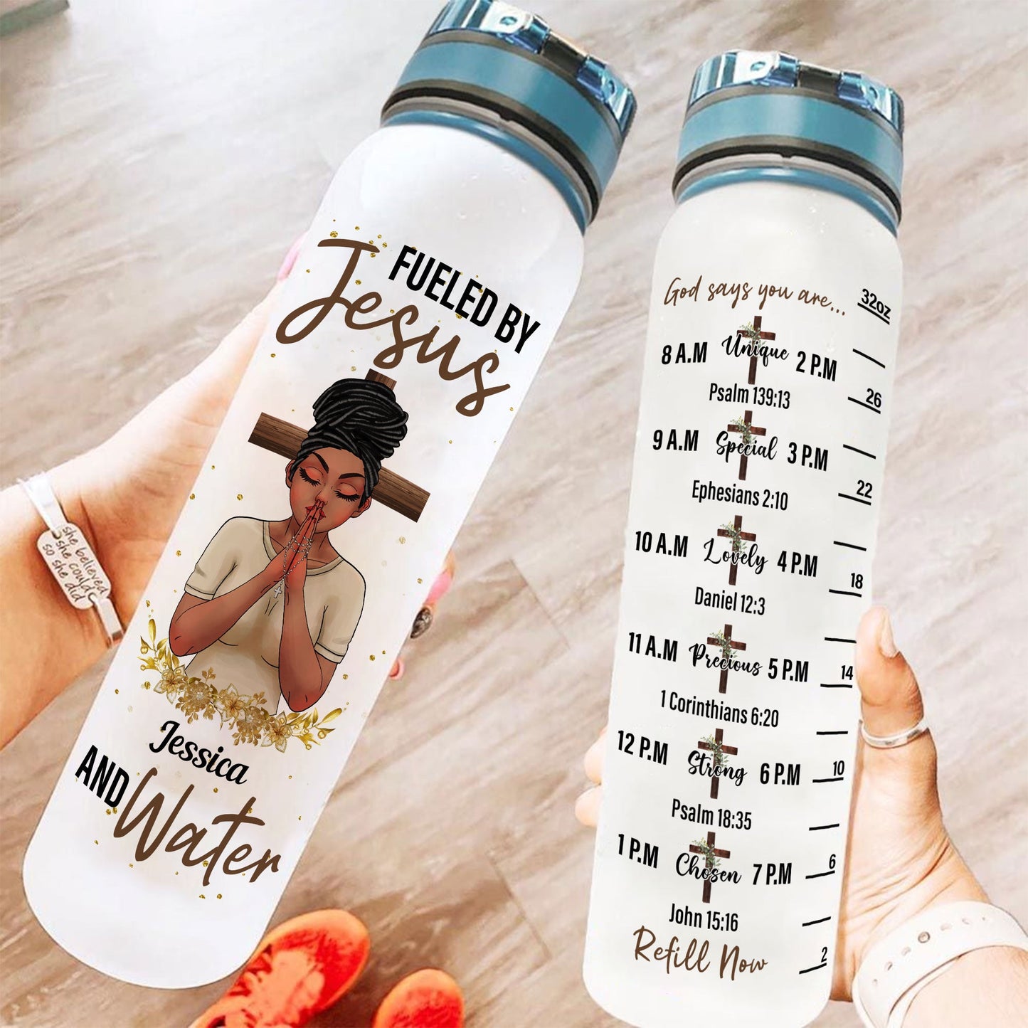 Fueled By Jesus And Water - Personalized Water Tracker Bottle - Birthday, Motivation Gift For Black Girl, Black Woman