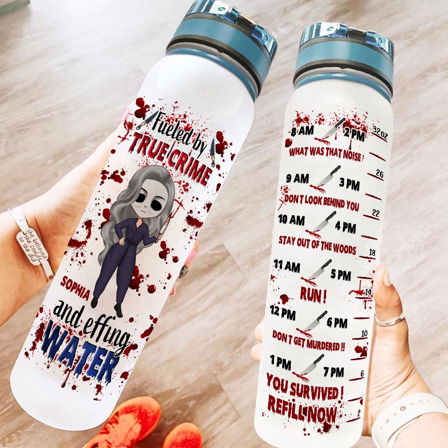 Fueled By True Crime And Effing Water  - Personalized Water Tracker Bottle - True Crime Gift For Her, Girl, Woman, True Crime Lover