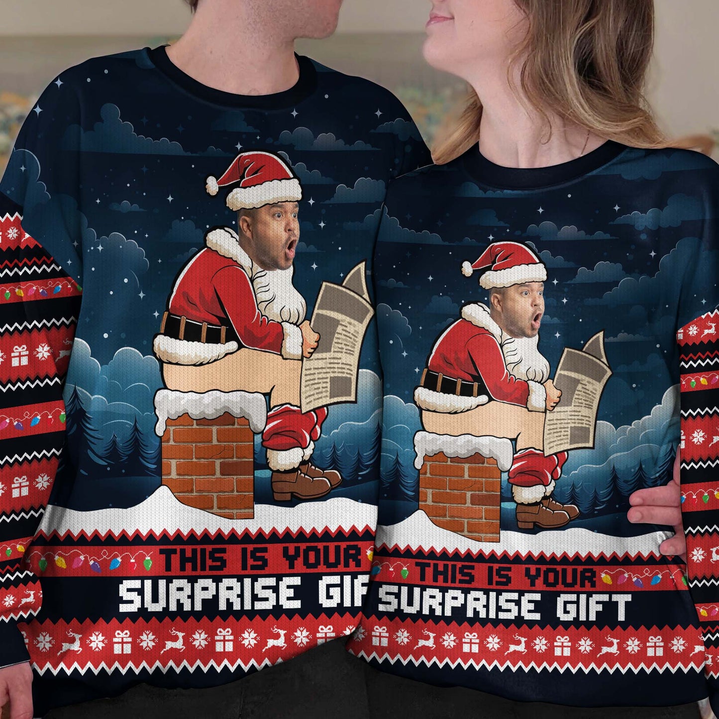 Funny Santa Face Photo Surprise Gag Gift - Personalized Photo Ugly Sweater