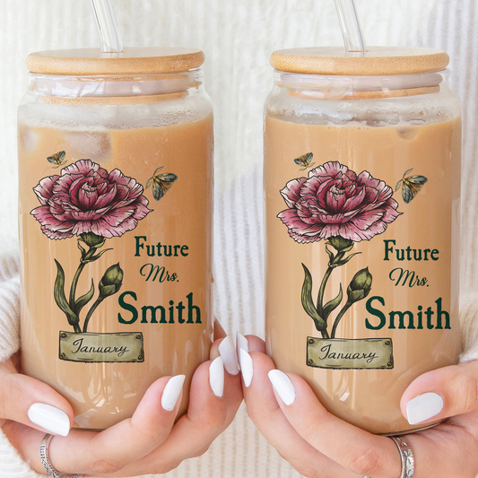 Future Mrs. Or Mr. With Birth Flower - Personalized Clear Glass Cup