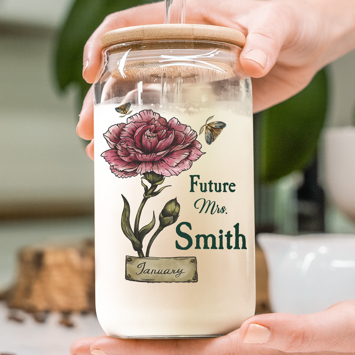 Future Mrs. Or Mr. With Birth Flower - Personalized Clear Glass Cup