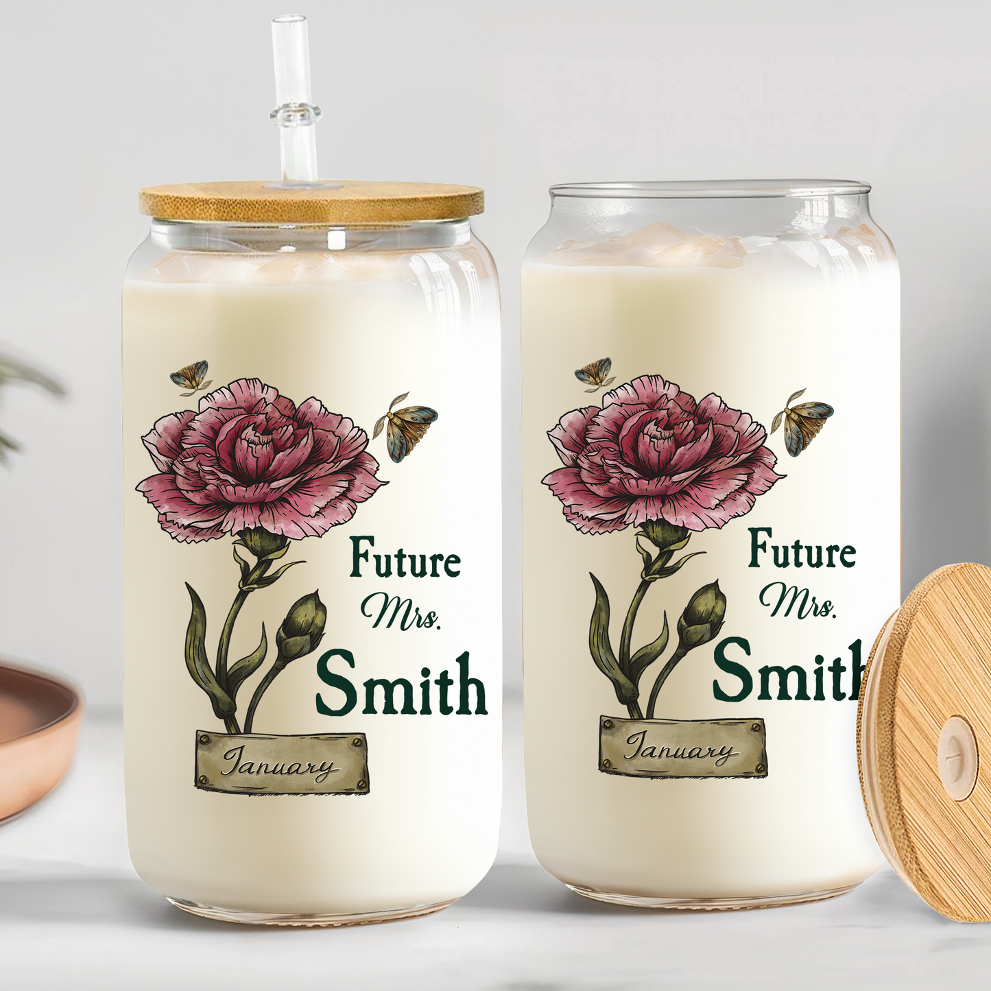 Future Mrs. Or Mr. With Birth Flower - Personalized Clear Glass Cup