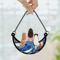Girl And Dog Sitting On The Moon - Personalized Window Hanging Suncatcher Ornament