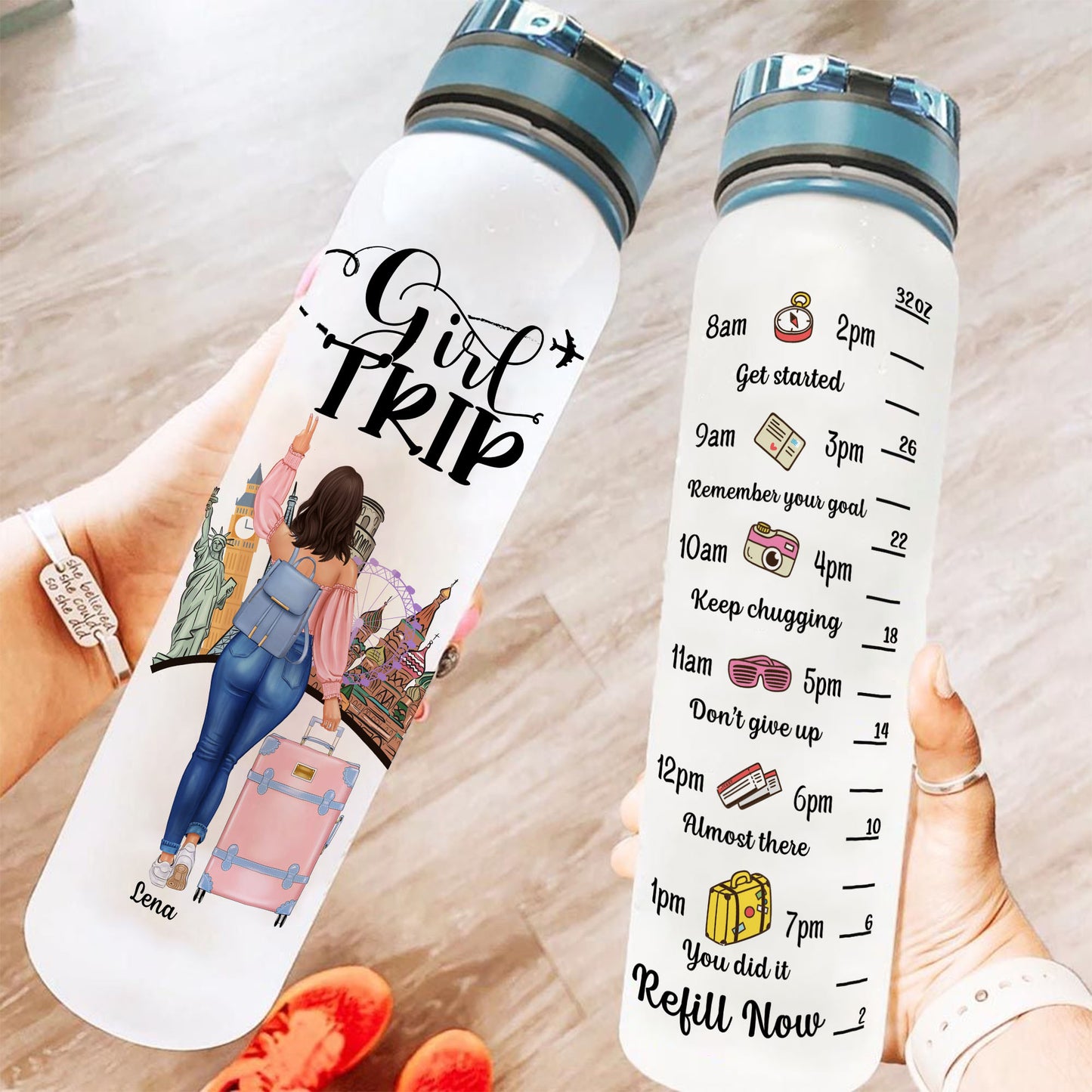 Girl Trip - Personalized Water Bottle With Time Marker - Gift For Her, Road Trip Crew, Travel Buddies, Trippin', Campin'