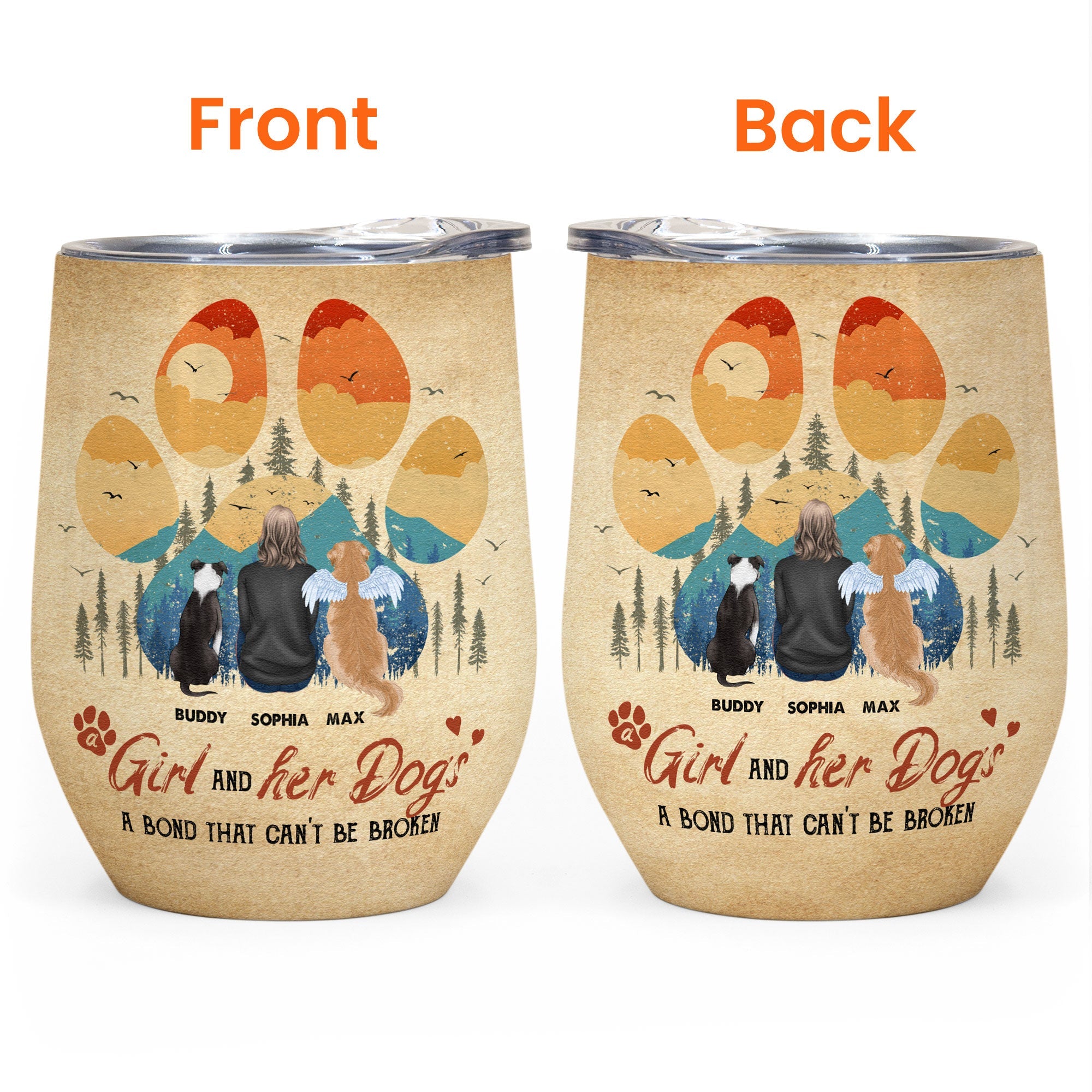 Girl & Dogs - A Bond That Can'T Be Broken - Personalized Wine Tumbler - Birthday, Loving Gift For Dog Mom, Dog Mama, Dog Lovers