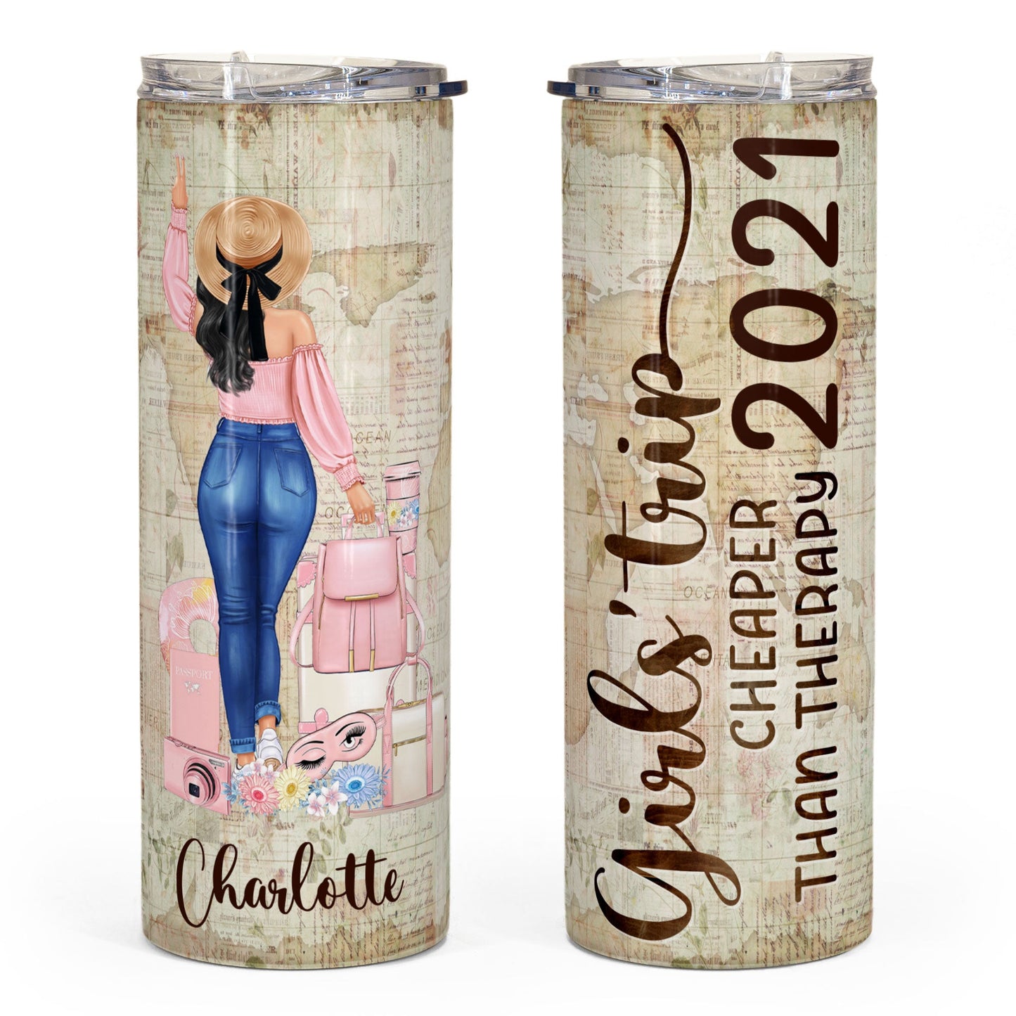 Girl'S Trip Cheaper Than Therapy - Personalized Skinny Tumbler - Christmas, Birthday Gift For Travel Girl, Traveler, Wanderlust