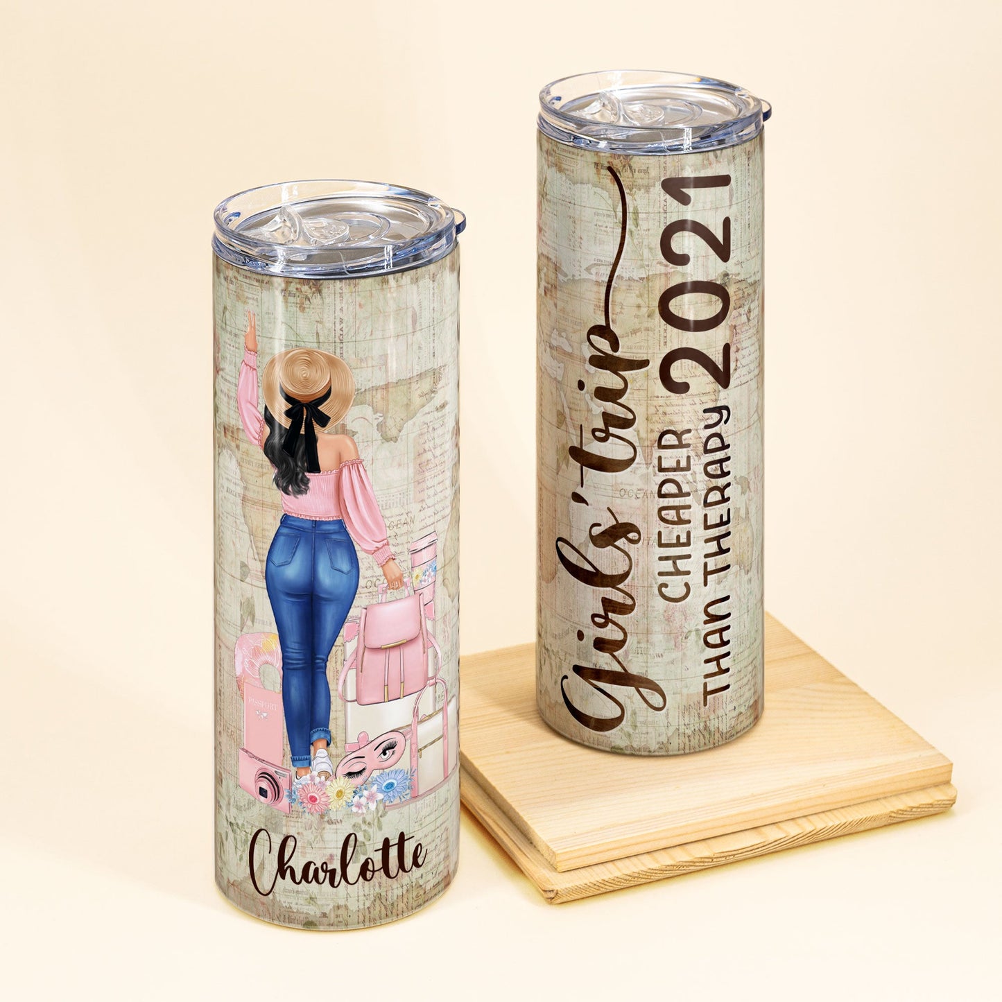 Girl'S Trip Cheaper Than Therapy - Personalized Skinny Tumbler - Christmas, Birthday Gift For Travel Girl, Traveler, Wanderlust