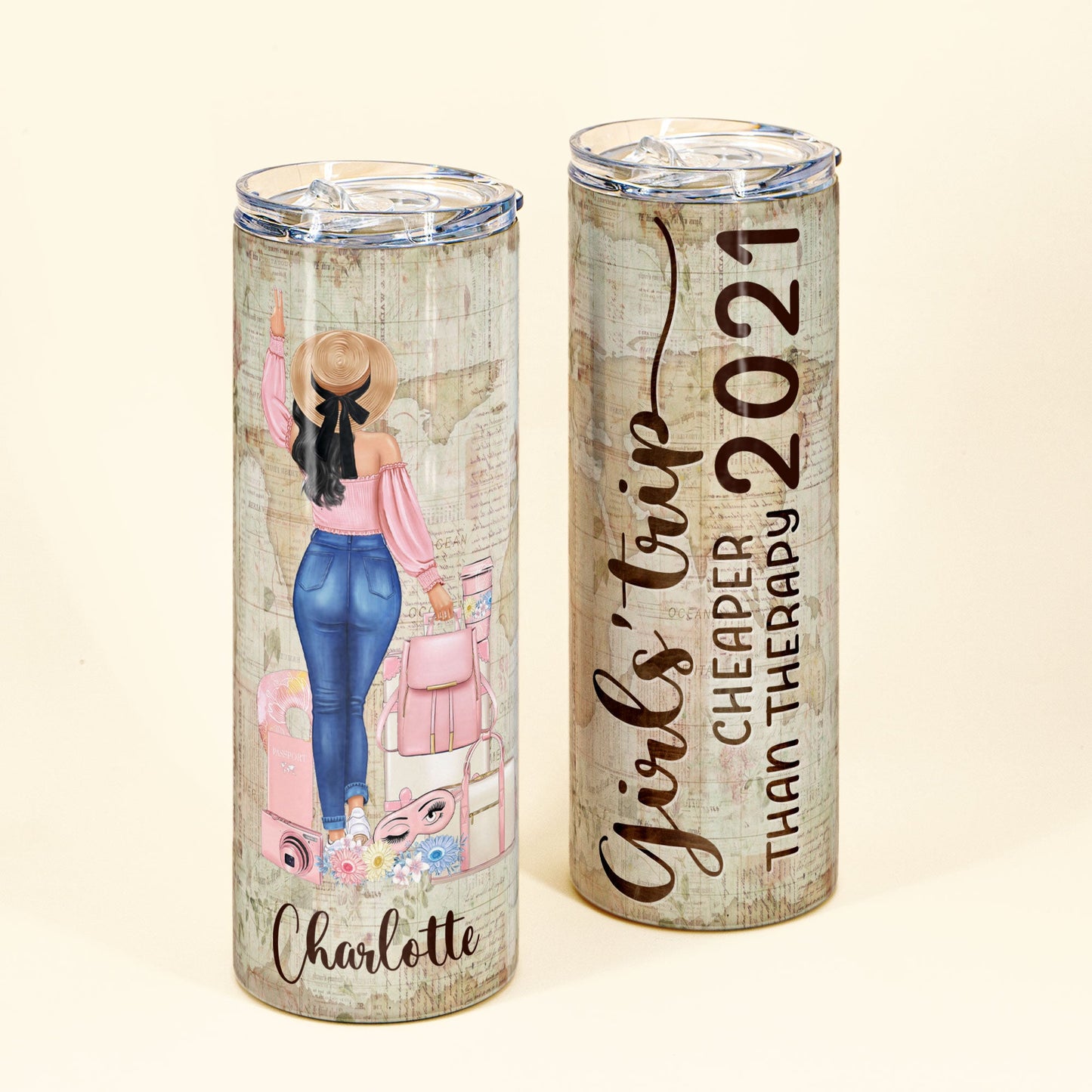 Girl'S Trip Cheaper Than Therapy - Personalized Skinny Tumbler - Christmas, Birthday Gift For Travel Girl, Traveler, Wanderlust