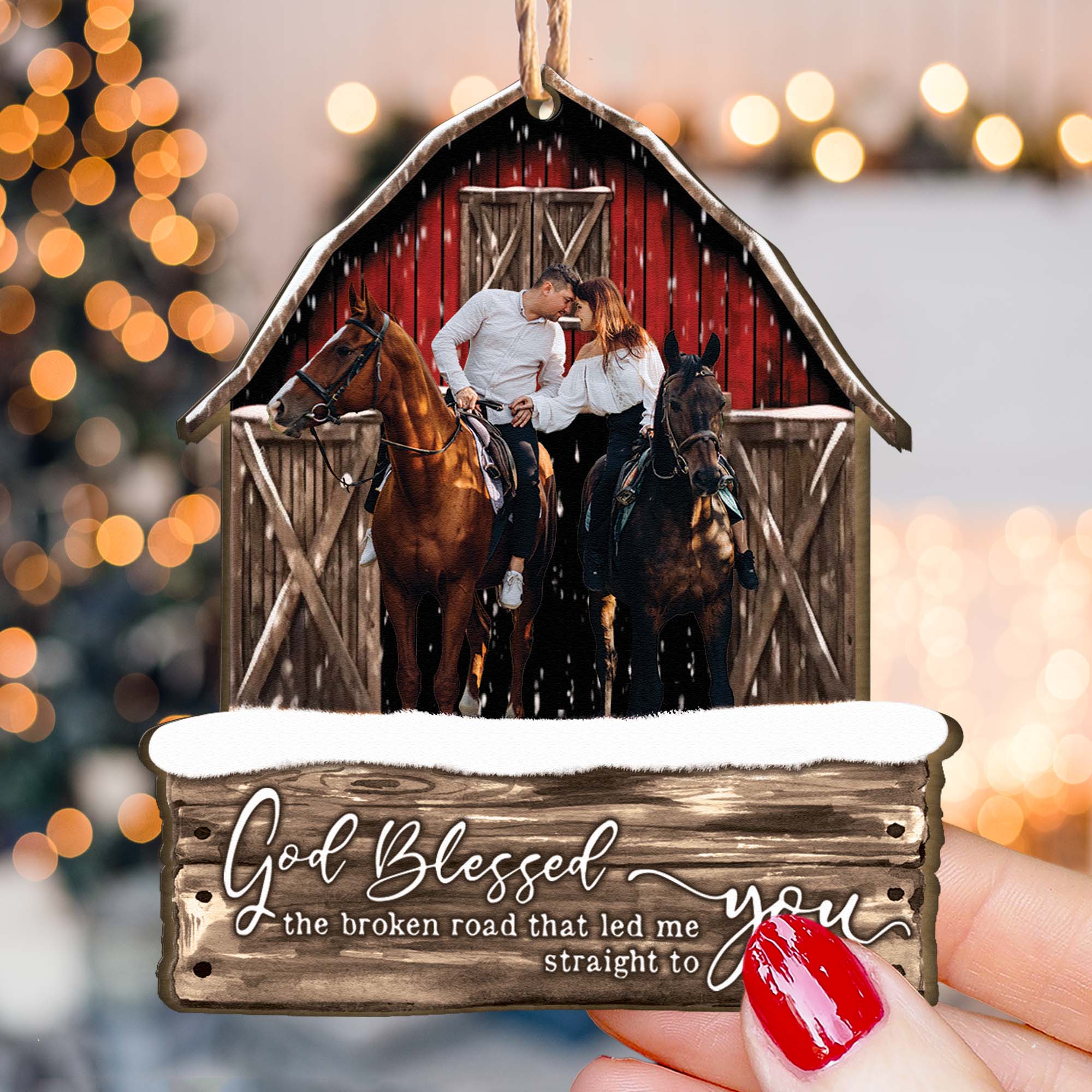 God Blessed The Broken Road Red Barn - Personalized Wooden Photo Ornament