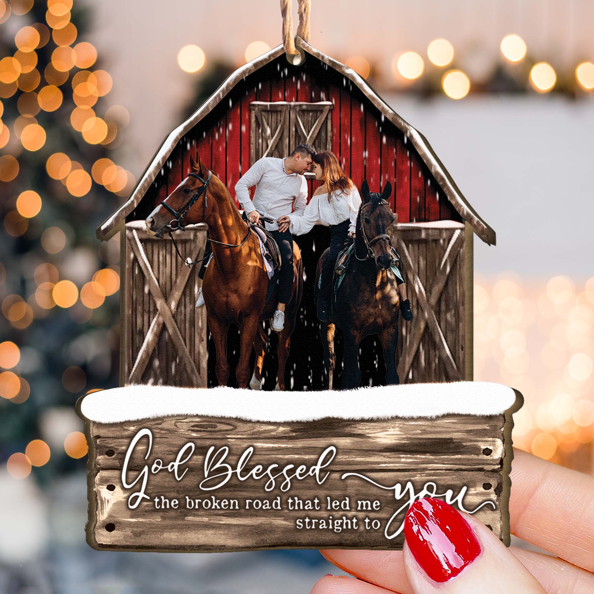 God Blessed The Broken Road Red Barn - Personalized Wooden Photo Ornament - Vintage Ornament