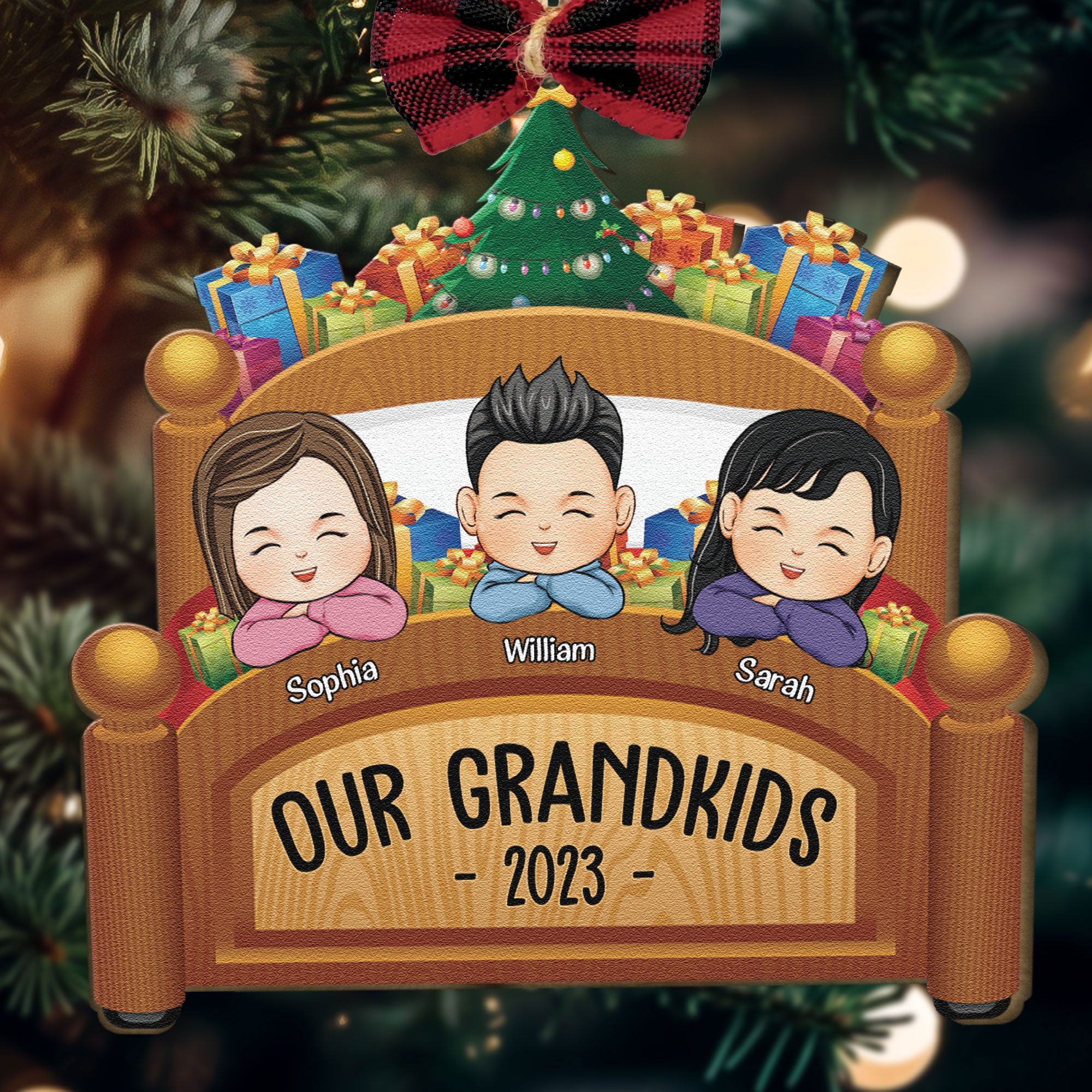 Grandkids Family Joyful Xmas In Bed - Personalized Custom Shaped Wooden Ornament