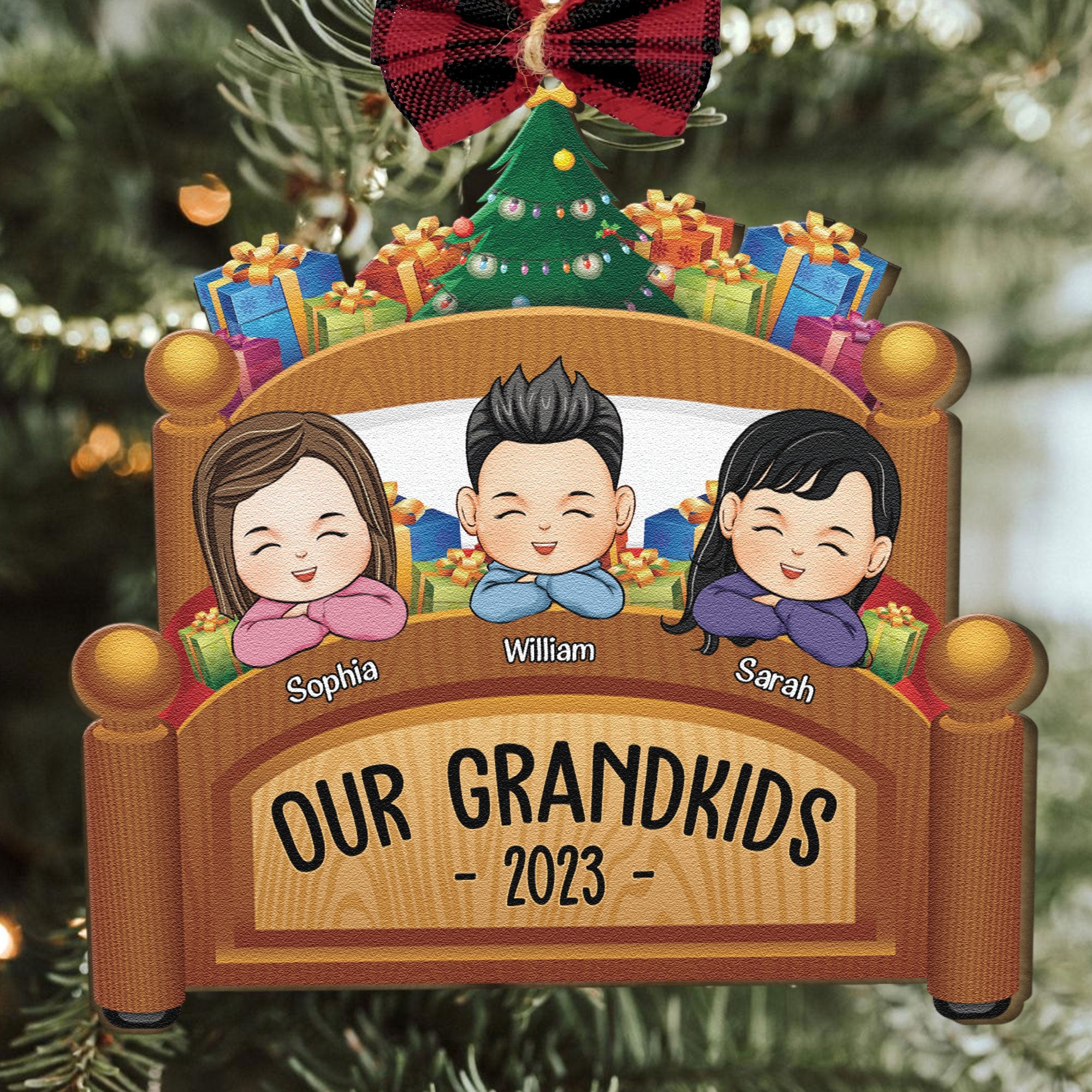 Grandkids Family Joyful Xmas In Bed - Personalized Custom Shaped Wooden Ornament