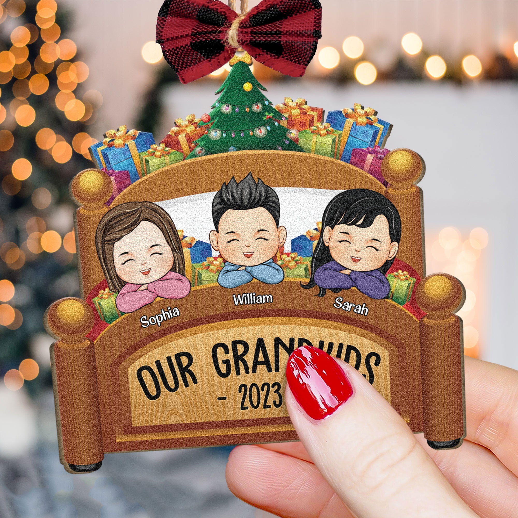 Grandkids Family Joyful Xmas In Bed - Personalized Custom Shaped Wooden Ornament