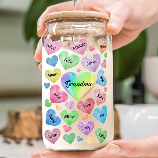 Grandkids Hearts Custom With Names - Personalized Clear Glass Cup