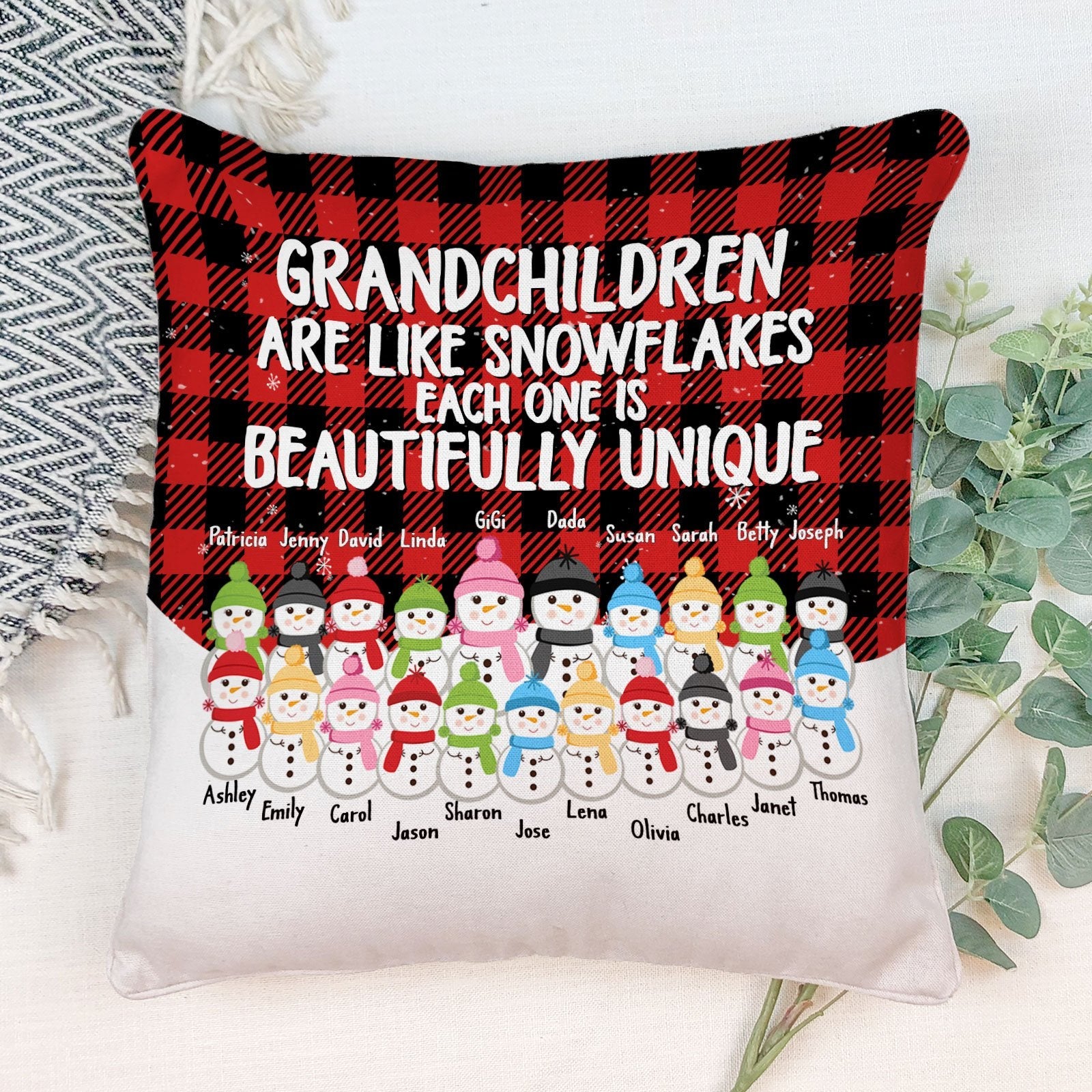 Side By Side Or Miles Apart - Personalized Pillow (Insert Included) - Christmas Gift For Grandma, Grandpa, Grandparents - Snowman Family