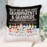 Side By Side Or Miles Apart - Personalized Pillow (Insert Included) - Christmas Gift For Grandma, Grandpa, Grandparents - Snowman Family