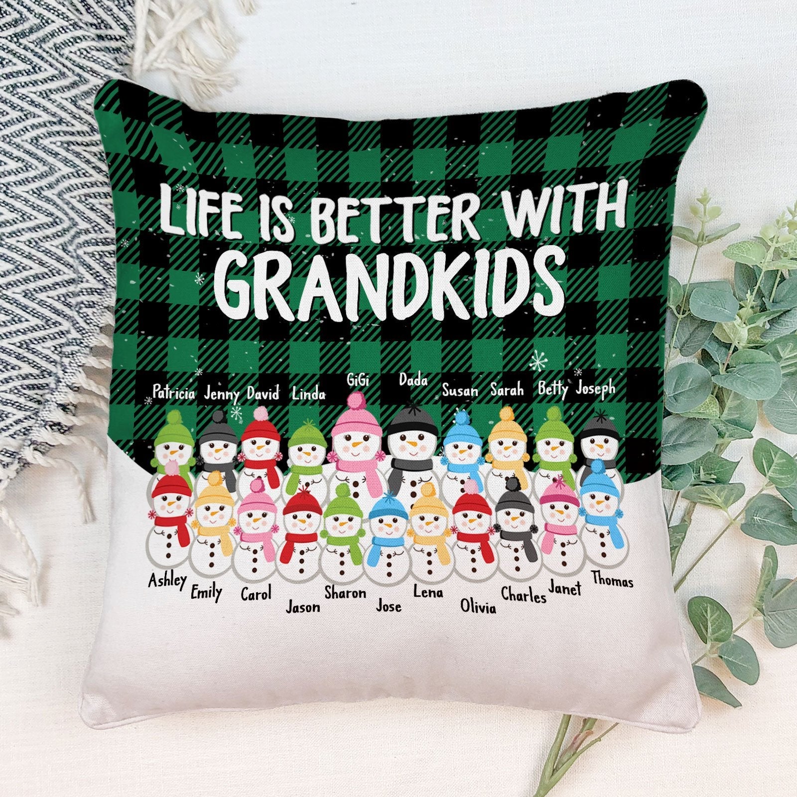 Side By Side Or Miles Apart - Personalized Pillow (Insert Included) - Christmas Gift For Grandma, Grandpa, Grandparents - Snowman Family