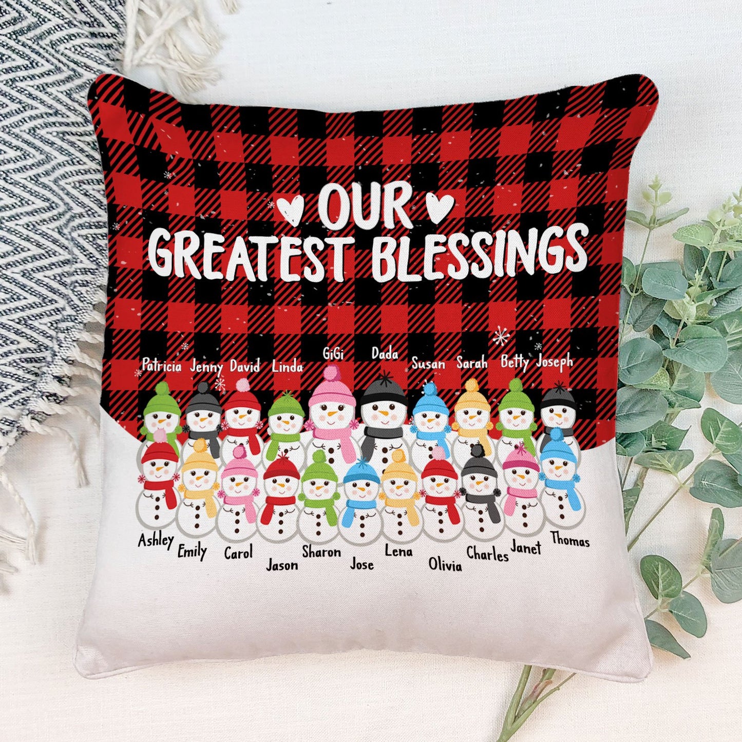 Side By Side Or Miles Apart - Personalized Pillow (Insert Included) - Christmas Gift For Grandma, Grandpa, Grandparents - Snowman Family