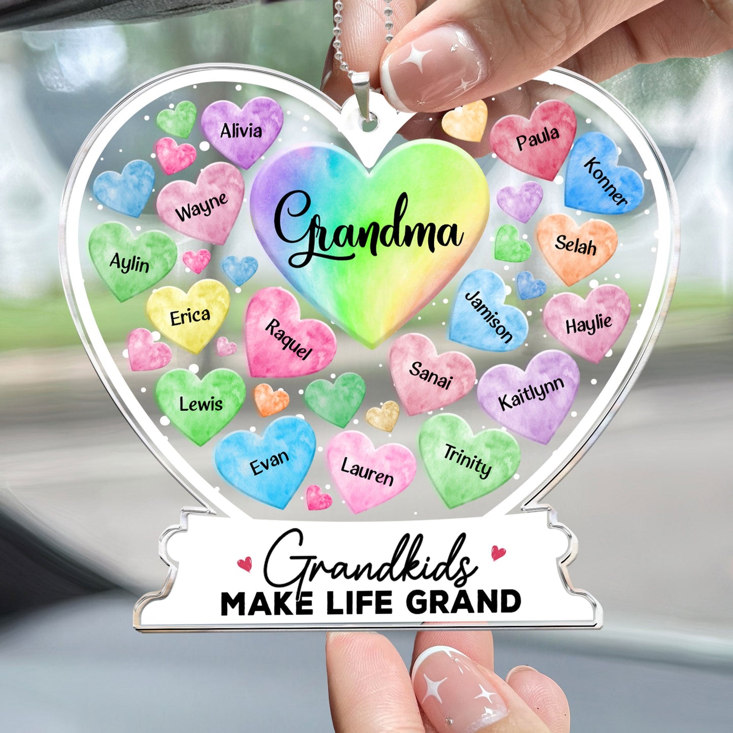 Grandma Hearts Custom Grandkids Names - Personalized Car Ornament