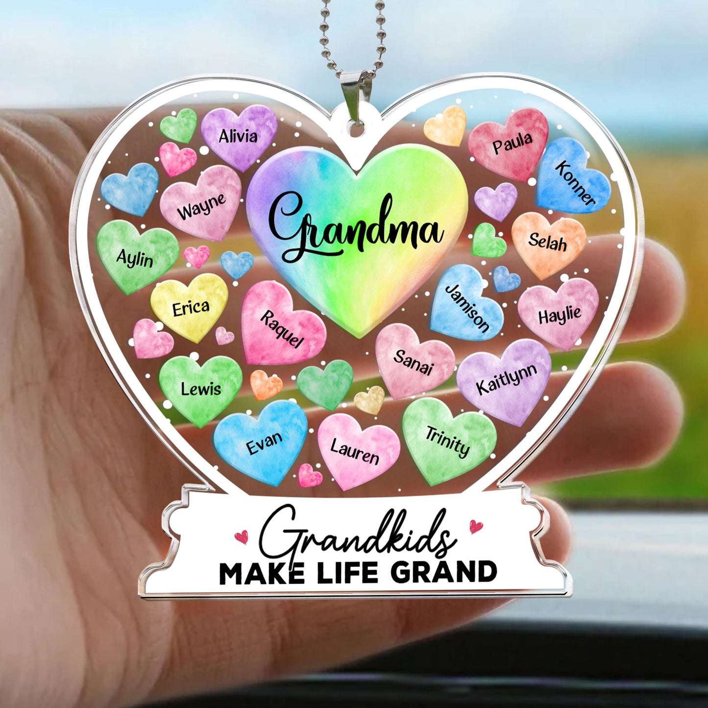 Grandma Hearts Custom Grandkids Names - Personalized Car Ornament